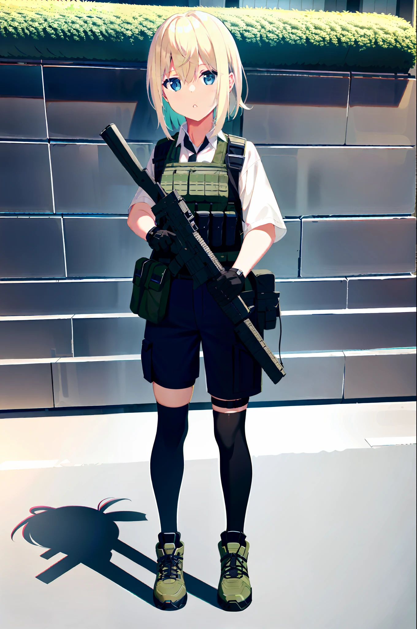 photo of a iom girl, 1girl, bangs, blonde hair, blue eyes, bulletproof vest, gloves, headphones, holster, looking at viewer, medium hair, military, plate carrier, tactical clothes, (black and khaki clothes), thigh holster, thigh strap, forest, running, black backpack, outdoors,