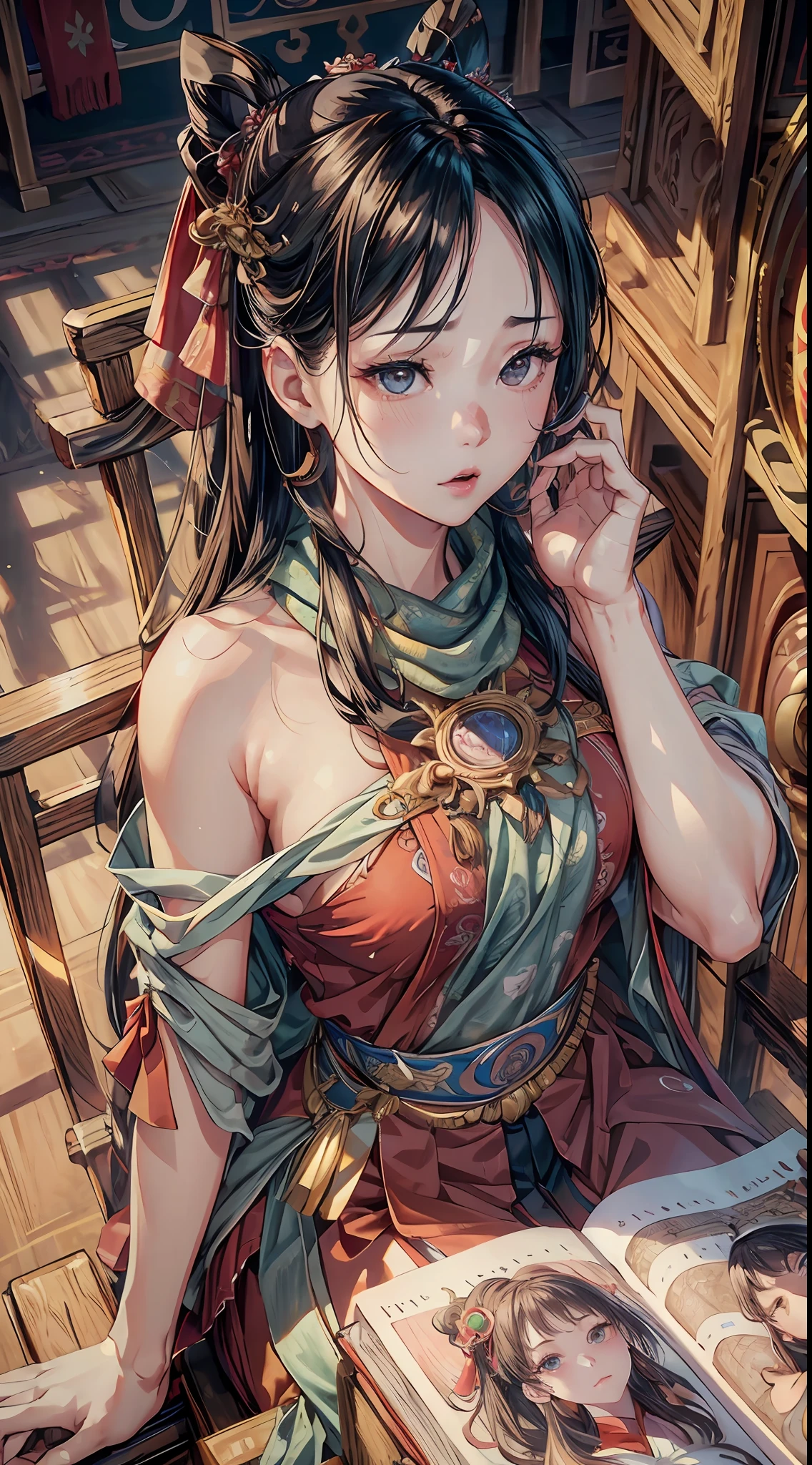 (RAW Photo, Best Quality), (Realistic, Photo Realistic: 1.3), Best Quality, Highly Detailed, Masterpiece, Ultra Detailed, Illustration, 1 Girl, upper_body, Dynamic Angle, World Mastery Theater, messy_long_hair, Best Quality, Extremely Detailed CG Unified 8k Wallpaper, Ink, Amazing, Movie Lights, lens_flare, dunhuang_style, Detailed Face, Beautiful Rendering of Tang Dynasty, (deliberate expression: 1.5), sitting on a chair, (under makeup: 1.8), floating up scarf, Sony master shot