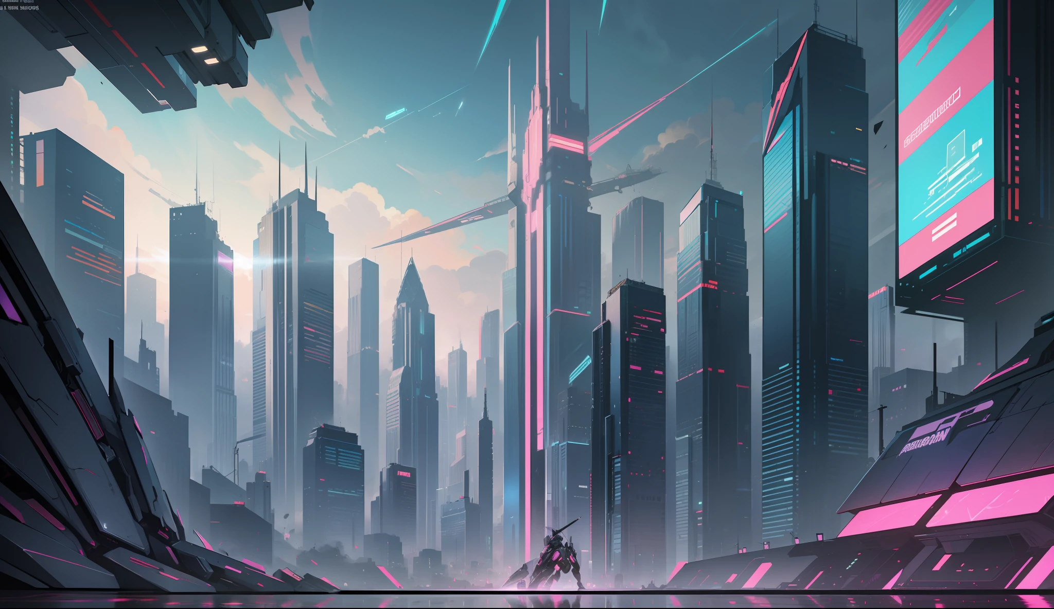 Cyberpunk, broken, top-down view, there is a picture of the tech future city, cyberpunk, broken, with a lot of glass, there is a horizontal very wide glass transparent tech road background, brilliant bright background, arena background, game background, exaggerated futuristic sci-fi background, cartoon style
