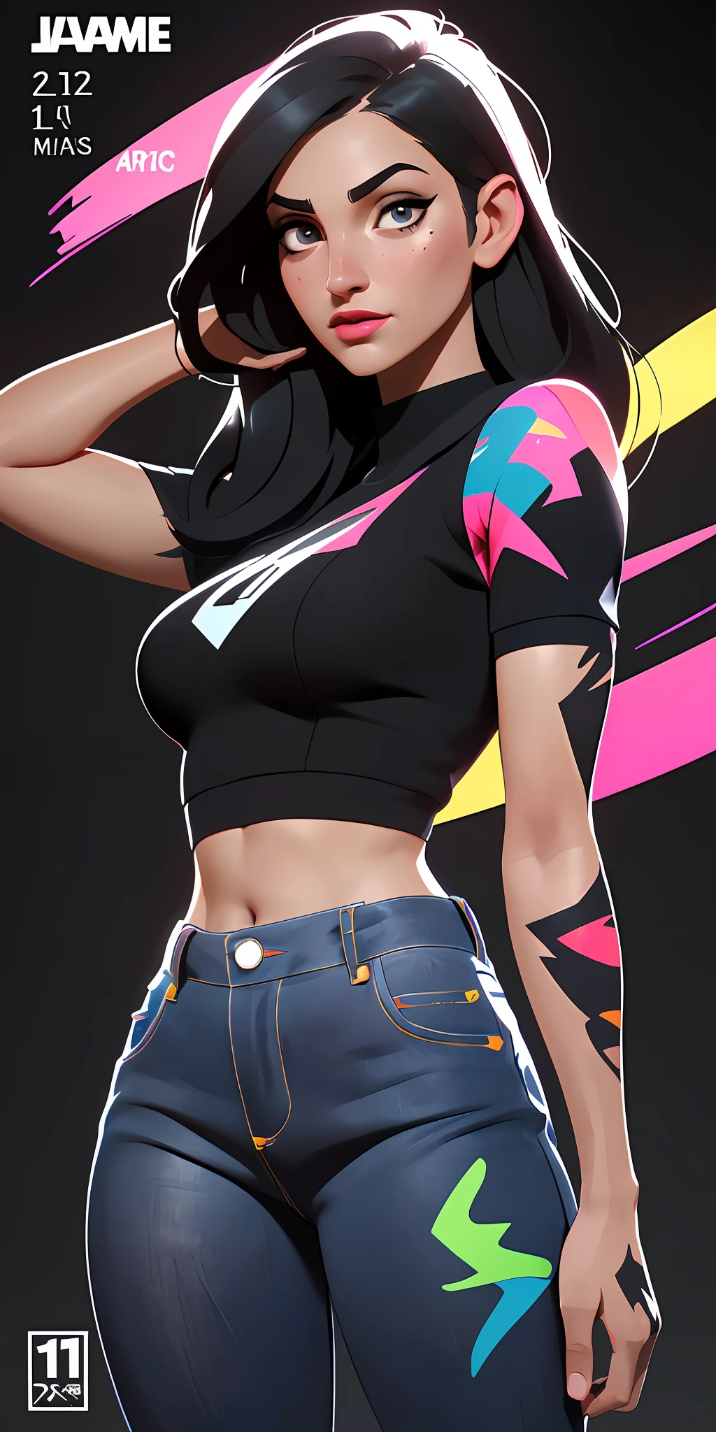 background, mixed-language_text, Japanese letters in graffit, Kelly Brook beautiful woman, long black hair, excellent lighting, sidelighting, perfect ultimate (flat color: 1.3), (magazine_cover: 1.4), (multicolored_background: 1.3), striped_background, card_background, :: discs with sharp and shiny blades in the hand :: circular pieces of white metals glued to the ultra detailed arms coming out sparkling glow, black star design stamped in the middle of the shirt , Perfect and detailed sculptural body, ultra detailed shirt with abstract design and with Japanese letter print in grafit of the sides of the clothing, worn jeans, big breast, with immersive effects, hover effect, background graffiti style tribal tattoo with flowers and vibrant colors, "ultra HDR" detailed and with focus effect, (masterpiece: 1.2, best quality), (beautiful eyes with huge eyelashes finely detailed: 1.2), , ((Solo)), (Finely detailed eyes and detailed face:1.3),