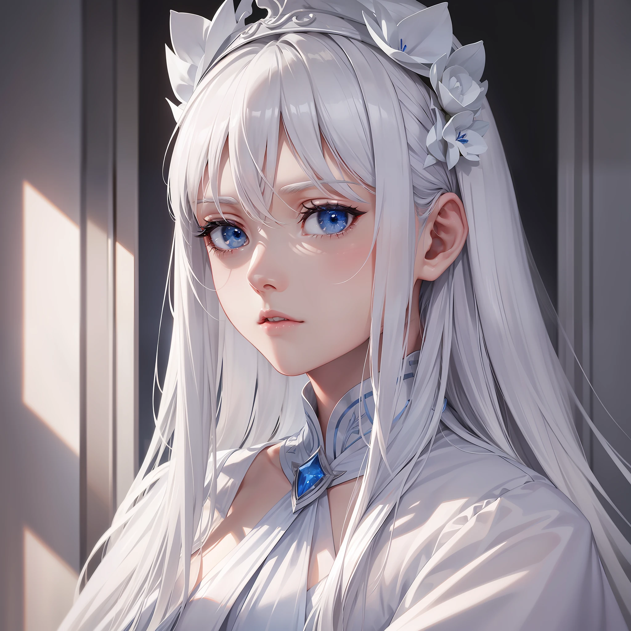 White Condensation, a girl, young, beautiful, slender, slender, silver-white long hair, cold, mysterious, deep blue eyes, firm, determined, white face, rosy lips, sneer, sharp, indifferent, white robe, noble, elegant, cold, proud