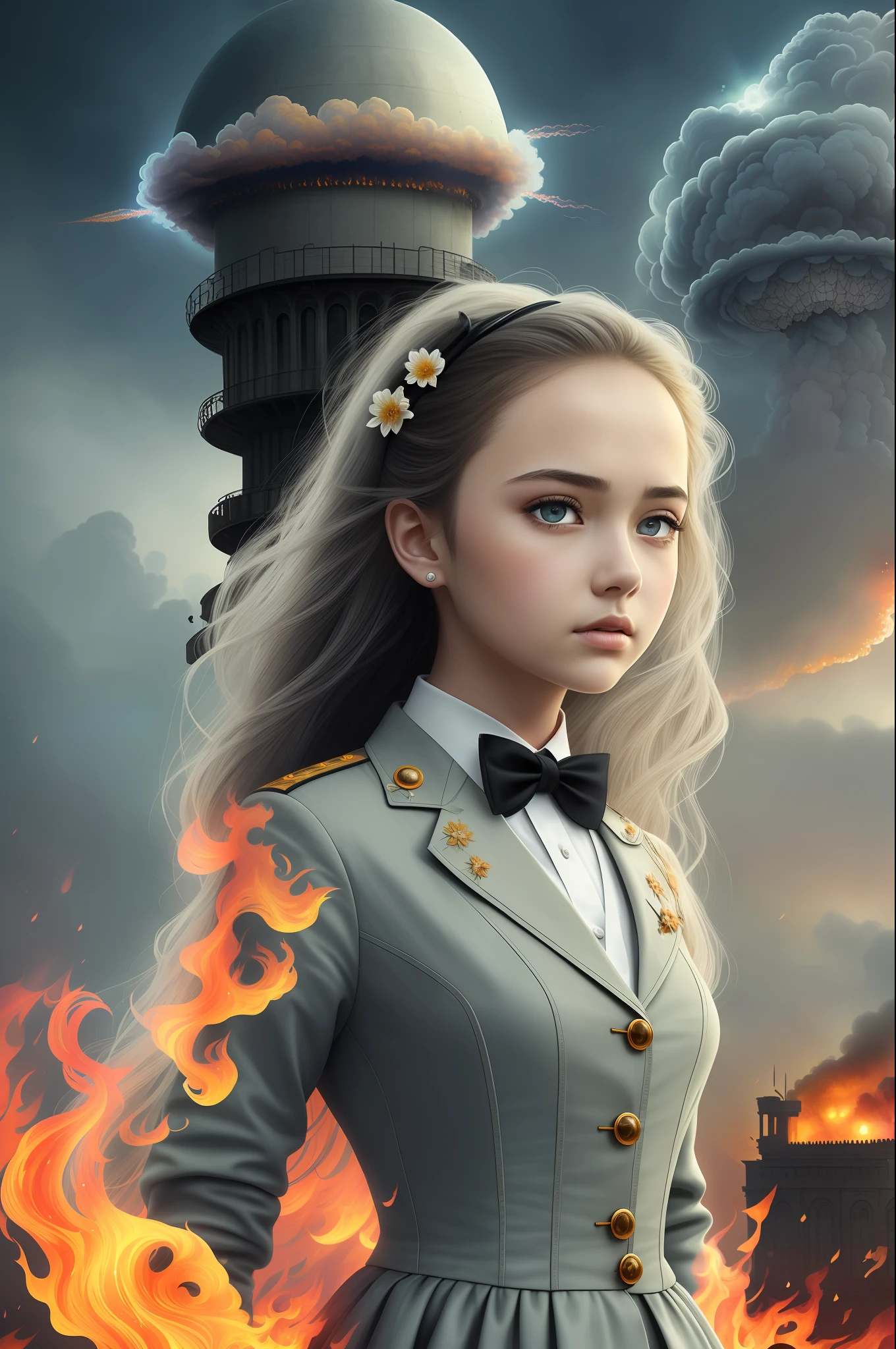 masterpiece,best quality, illustration,{beautiful detailed girl},beautiful detailed glow,(flames of war:1.2),(nuclear explosion behide:1.3),rain,detailed lighting,detailed water,(beautiful detailed eyes:1.1),expressionless,palace,azure hair,disheveled hair,long bangs,hairs between eyes,(whitegrey dress:1.1),black ribbon,white bowties,midriff,big forhead,blank stare,flower,long sleeves