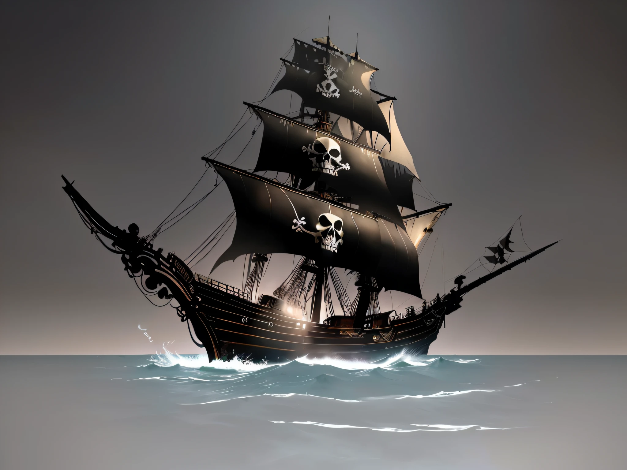 pirate ship with skull and crossbones in ocean, gothic ship in ocean, pirate ship in night war, skeleton on pirate ship, pirate ship, old pirate ship, pirate, background on pirate ship, an impossible huge pirate ship, pirate, pirate ship, pirate neon ship, pirate ship in background, gorgeous pirate, hand drawn style, texture, perspective accurate