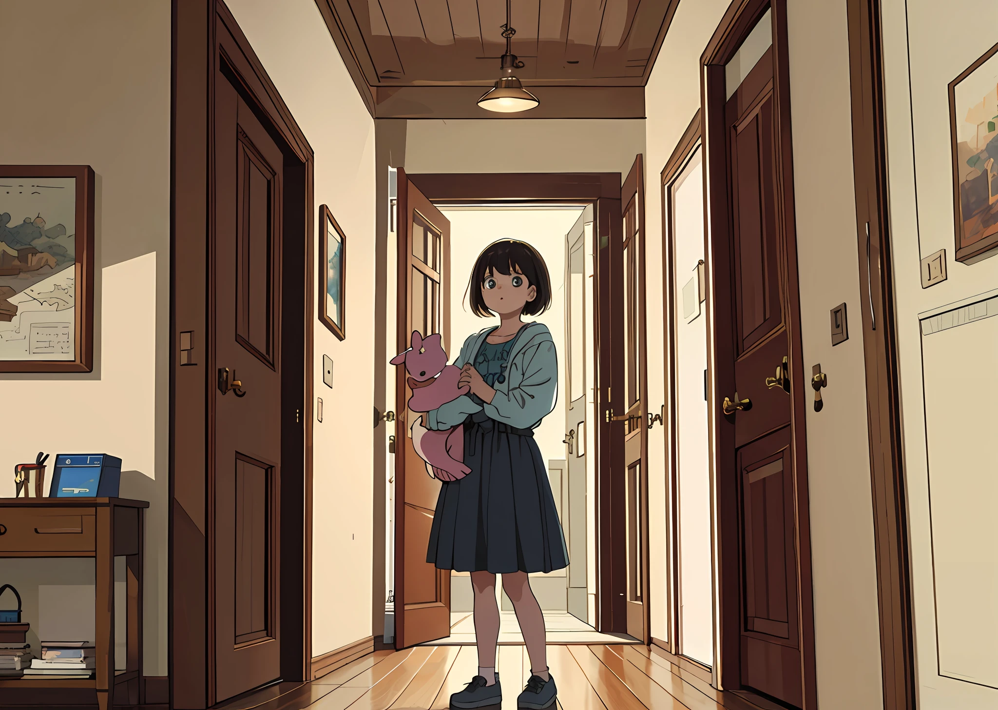 (Masterpiece, the best quality), a , standing in front of the door, holding a toy, terrified