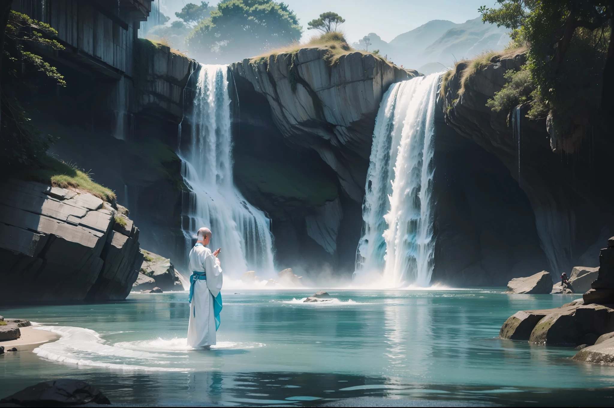 Highly detailed film water and ocean palette, a bald monk, standing at the water's edge in white Hanfu, a huge cyan snake swimming, a huge lotus flower in white, a very tall waterfall in the back, exquisite facial details, spotlights, perfect composition, surreal, hyper-detailed, 8k, high quality, clear focus, intricate details, highly detailed, dynamic lighting, detailed and complex environments,