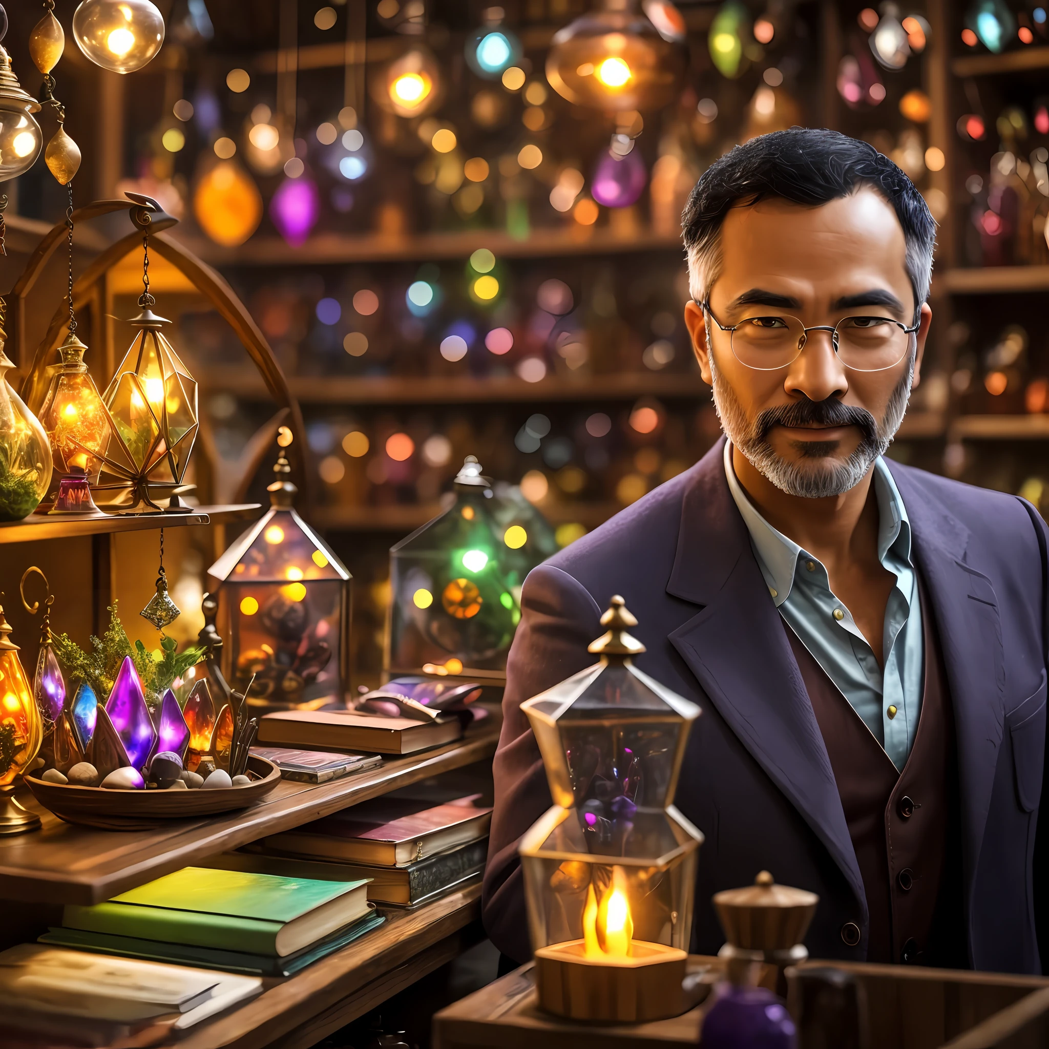 realistic image, store seen from the inside, this store resembles an antique shop, the store is magical and has different products, purple and green lights, high quality, landscape shape, a giant diamond in the center of the store, a man with decent and luxurious clothes is behind the counter of the store, has mirrors, incense, stones, books, tables and chairs, bags, magical colored pots, fairies inside bottles, antique clocks on the walls, feathers, pens, inkwells, colorful magical herbs, colorful magic mushrooms, a man alone in the shop behind the counter, magical lights come in through the window, the man is neither white nor black. He's not Asian or Caucasian or black. The man holds a giant diamond --auto --s2