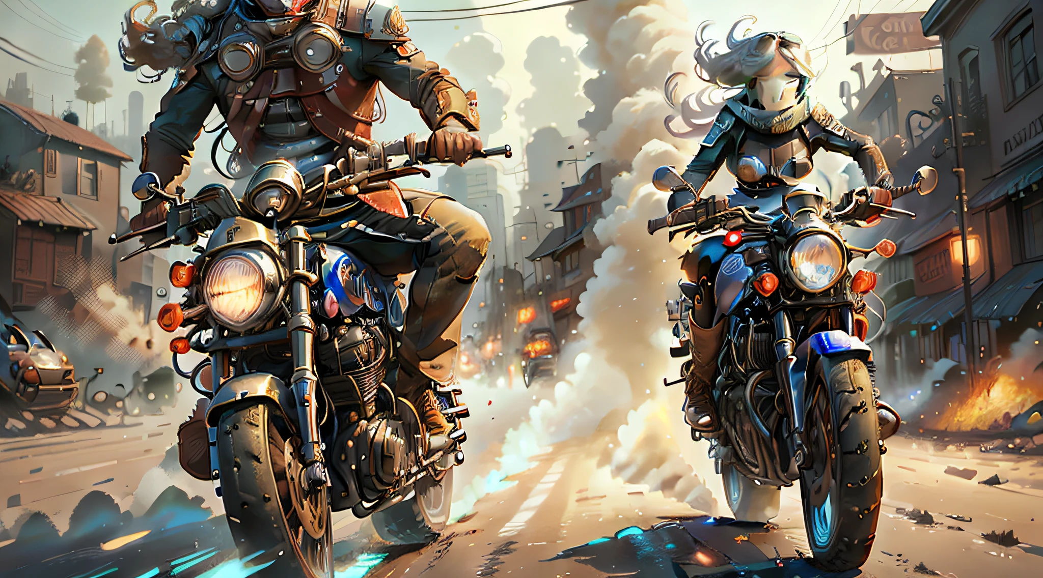 [Illustration] comic page, there are multiple panels on one page: in the city full of gunsmoke (far view), several male and female racers riding motorcycles, crazy racing in the alley, tire rubbing the ground sparks, smoke and dust billowing (close-up, low motion blur), blank with text annotations, [continuous shooting] in the style of Andreas Rocha, cobalt blue and reflective silver, film P30, radial composition
