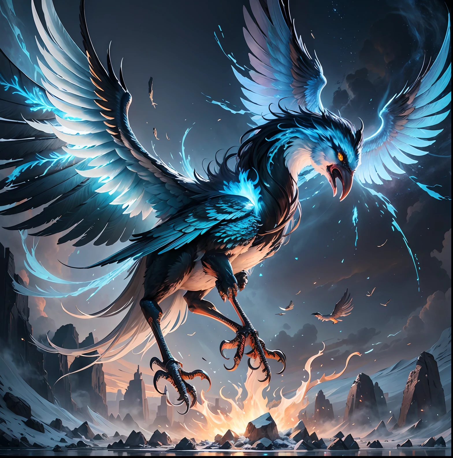 (Ultra realistic), (image with good resolution), ice phoenix, bird, rising from the ashes, with black background, super realistic, very professional, breathtaking design --auto --s2