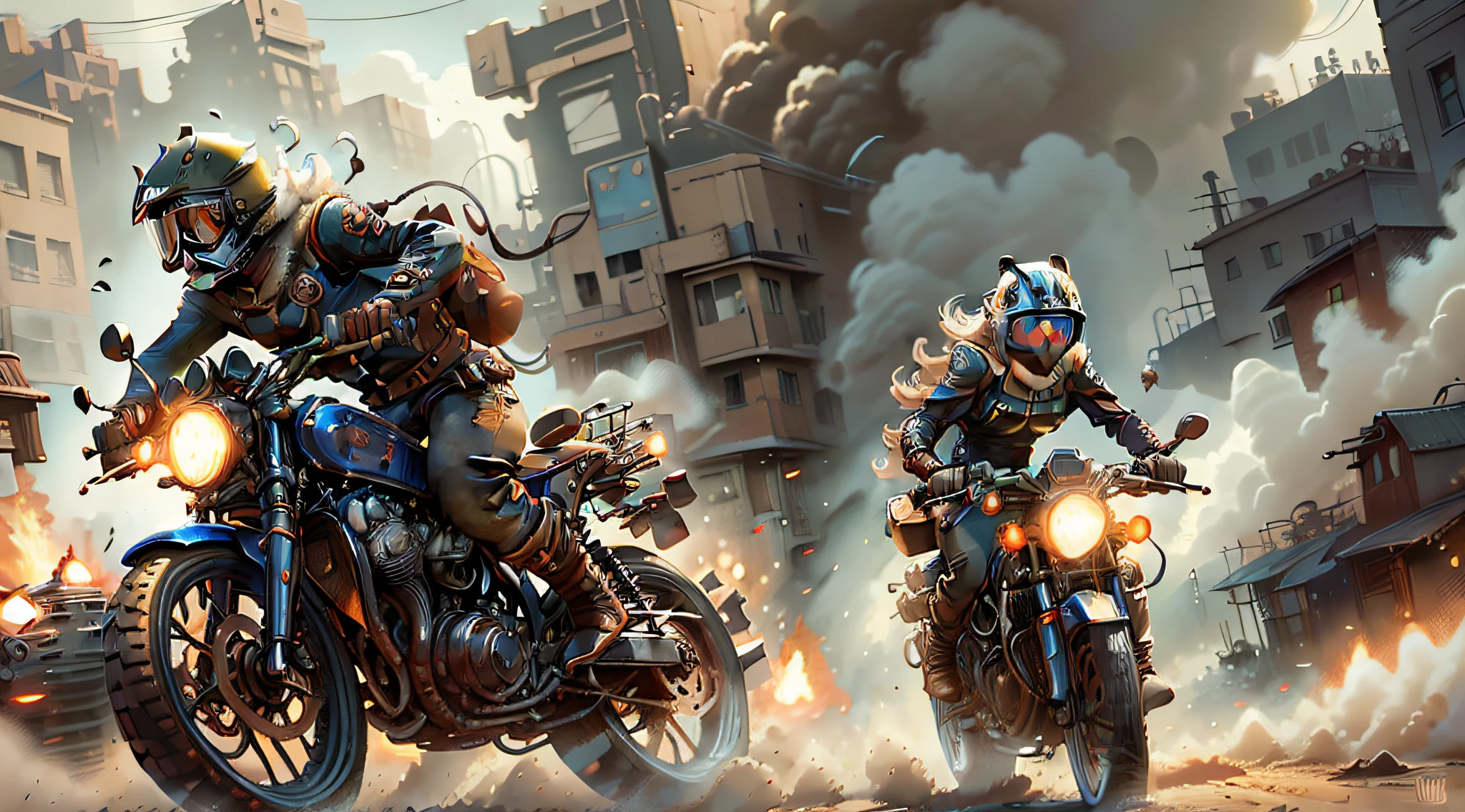 [Illustration] comic page, there are multiple panels on one page: in the city full of gunsmoke (far view), several male and female racers riding motorcycles, crazy racing in the alley, tire rubbing the ground sparks, smoke and dust billowing (close-up, low motion blur), blank with text annotations, [continuous shooting] in the style of Andreas Rocha, cobalt blue and reflective silver, film P30, radial composition