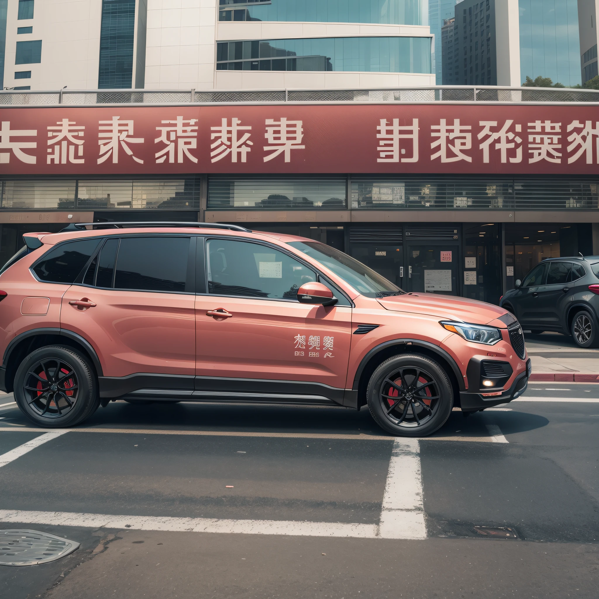 There is a black SUV parked in front of a building, covered with Chinese advertisements, billboards, large views, covered with Chinese text, taken by Weiwei, high quality images, 2 5 6 x 2 5 6, 256x256, 2 0 2 2 photos, 😭 🤮 💕 🎀 the advertising text content is that everyone obeys the rules and the road is clear --auto --s2