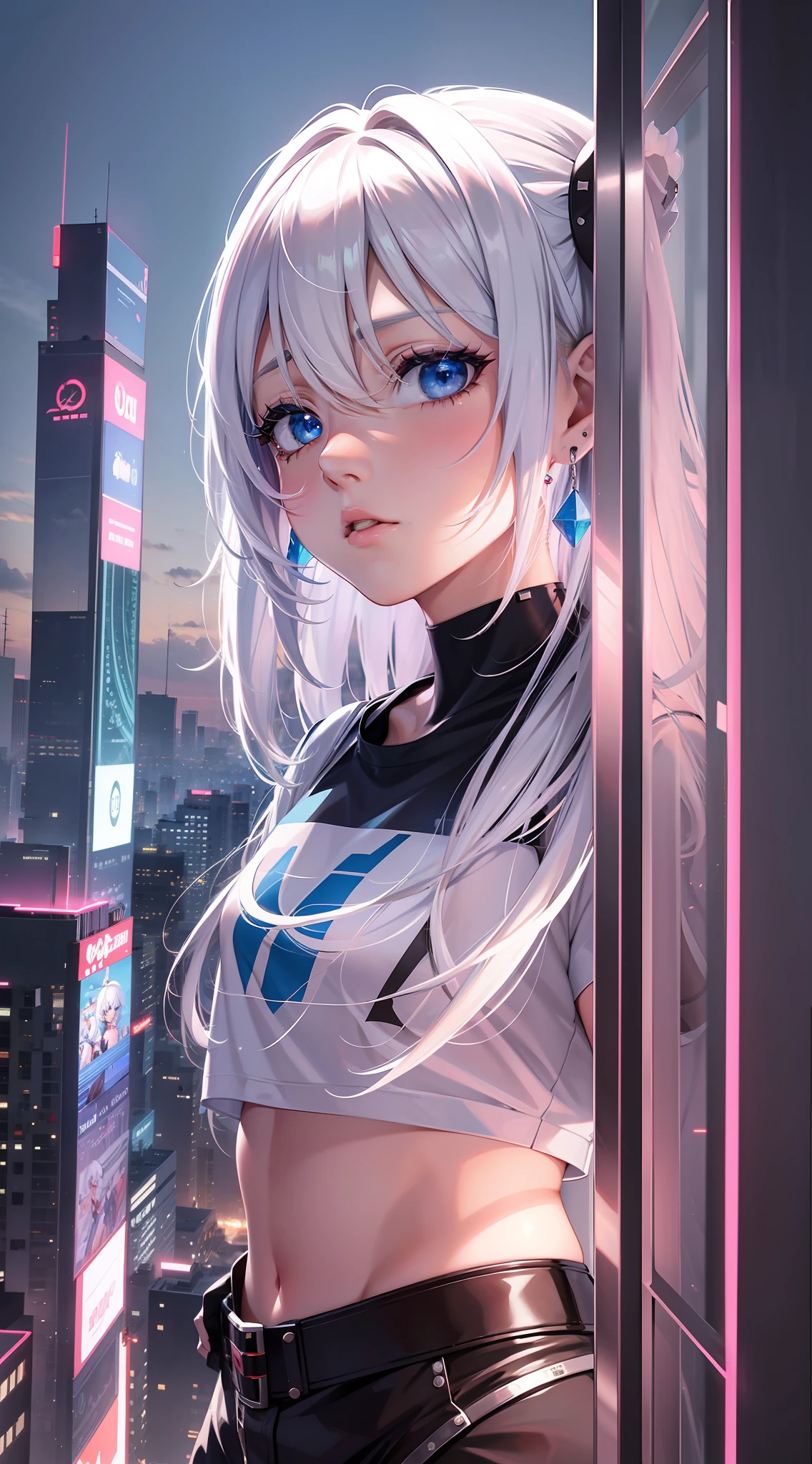 Aerial photo over the city of white hair and blue eyes anime girl, seductive anime girl, T-shirt, perfect white hair girl, detailed digital anime art, beautiful anime girl, anime style 4 K, anime art wallpaper 8 K, delicate face, advanced digital anime art, beautiful anime woman, 4k anime wallpaper, anime art wallpaper 4k, orange short skirt, lots of neon lights, red stud earrings