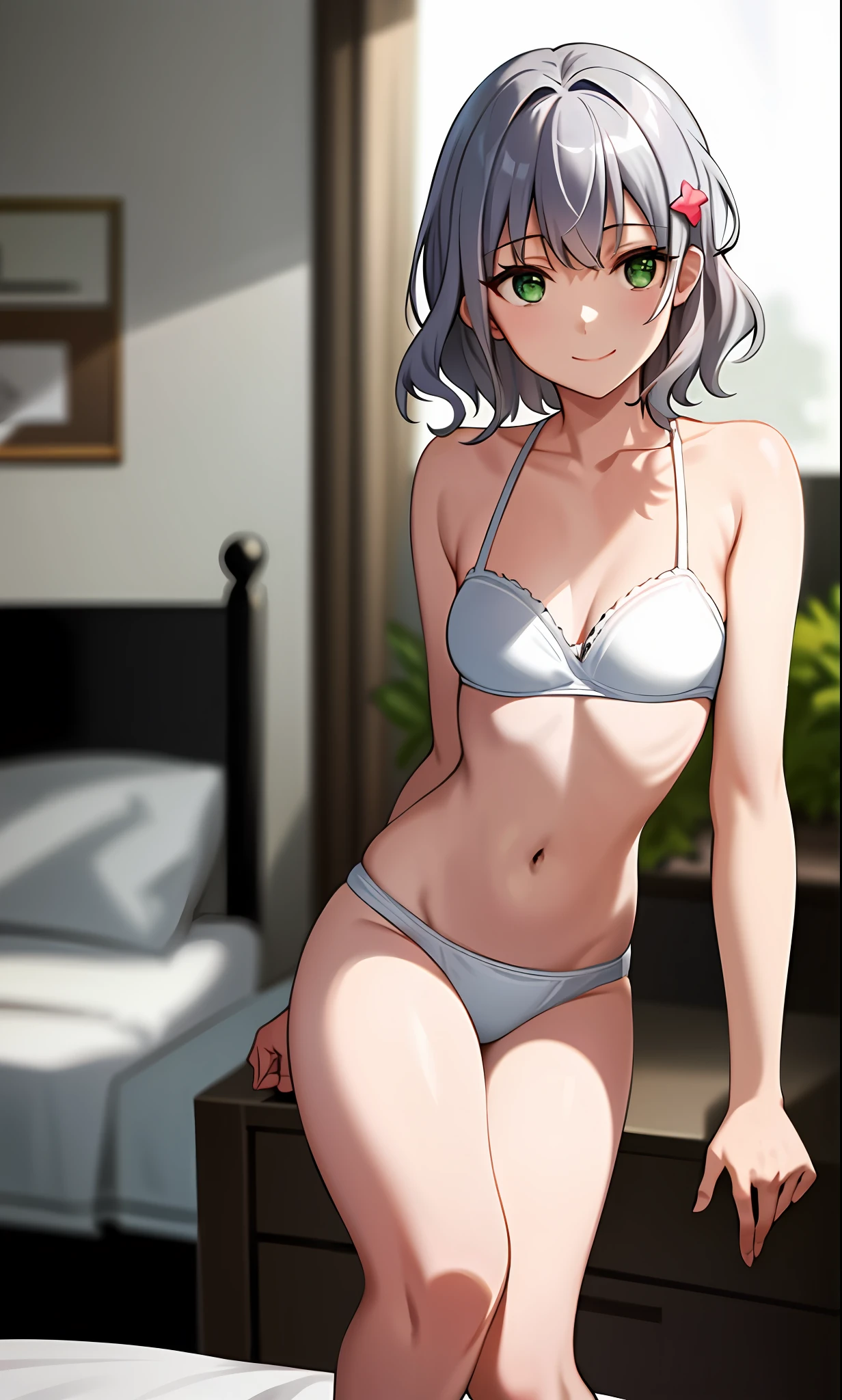 Top quality, (masterpiece: 1.2), very detailed, own room, 1 girl, solo, (muse), smile, watch viewer, gray hair, circle of angels, short hair, hair ornament, green eyes, light in the eyes, white underwear, in the middle of changing clothes, realistic, knee up, glowing skin, fair skin, ultra-realistic, realistic, portrait, blur,
