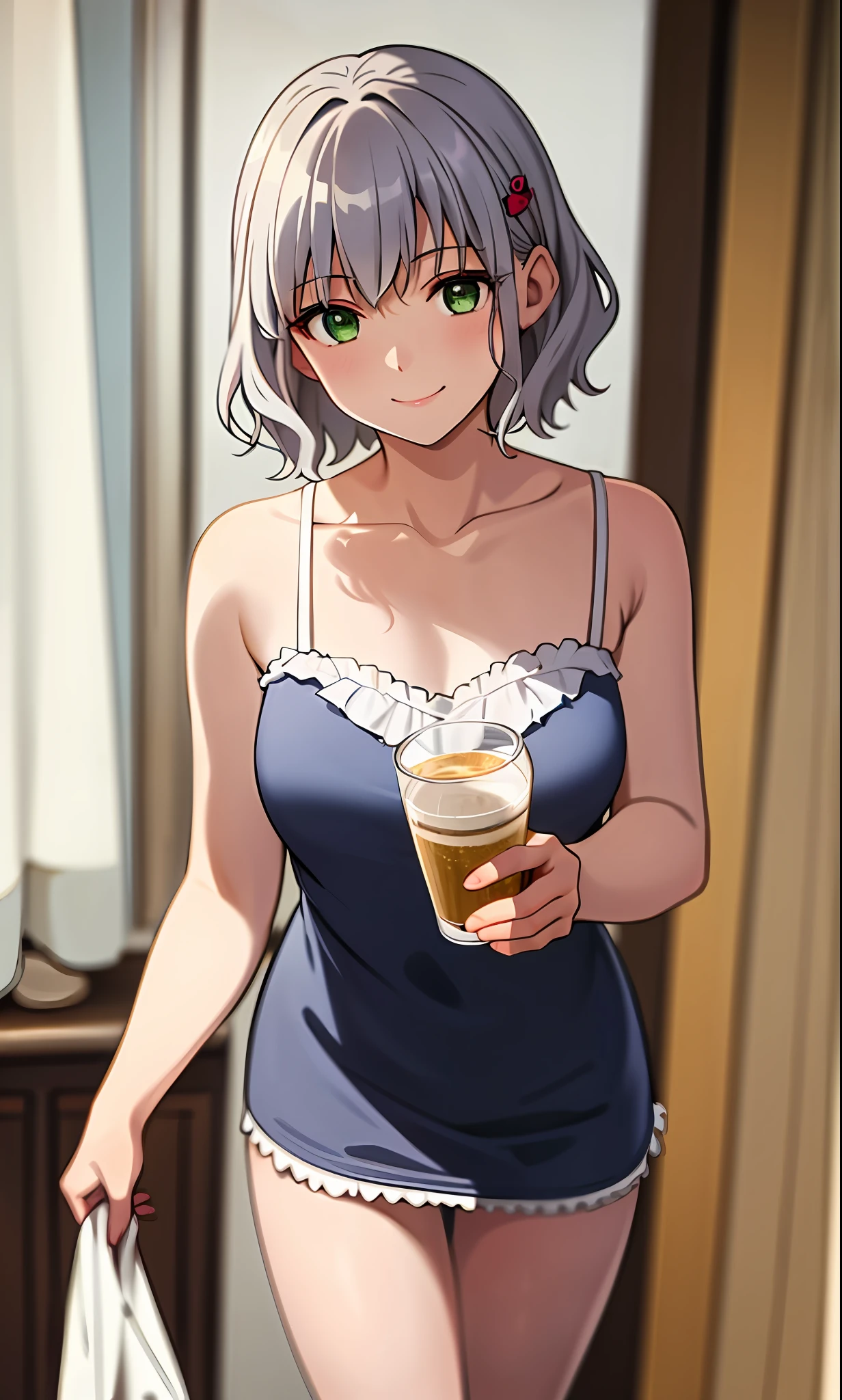 Top quality, (masterpiece: 1.2), very detailed, own room, 1 girl, solo, (muse), smile, watch viewer, gray hair, circle of angels, short hair, hair ornament, green eyes, light in the eyes, white underwear, in the middle of changing clothes, realistic, knee up, glowing skin, fair skin, ultra-realistic, realistic, portrait, blur,