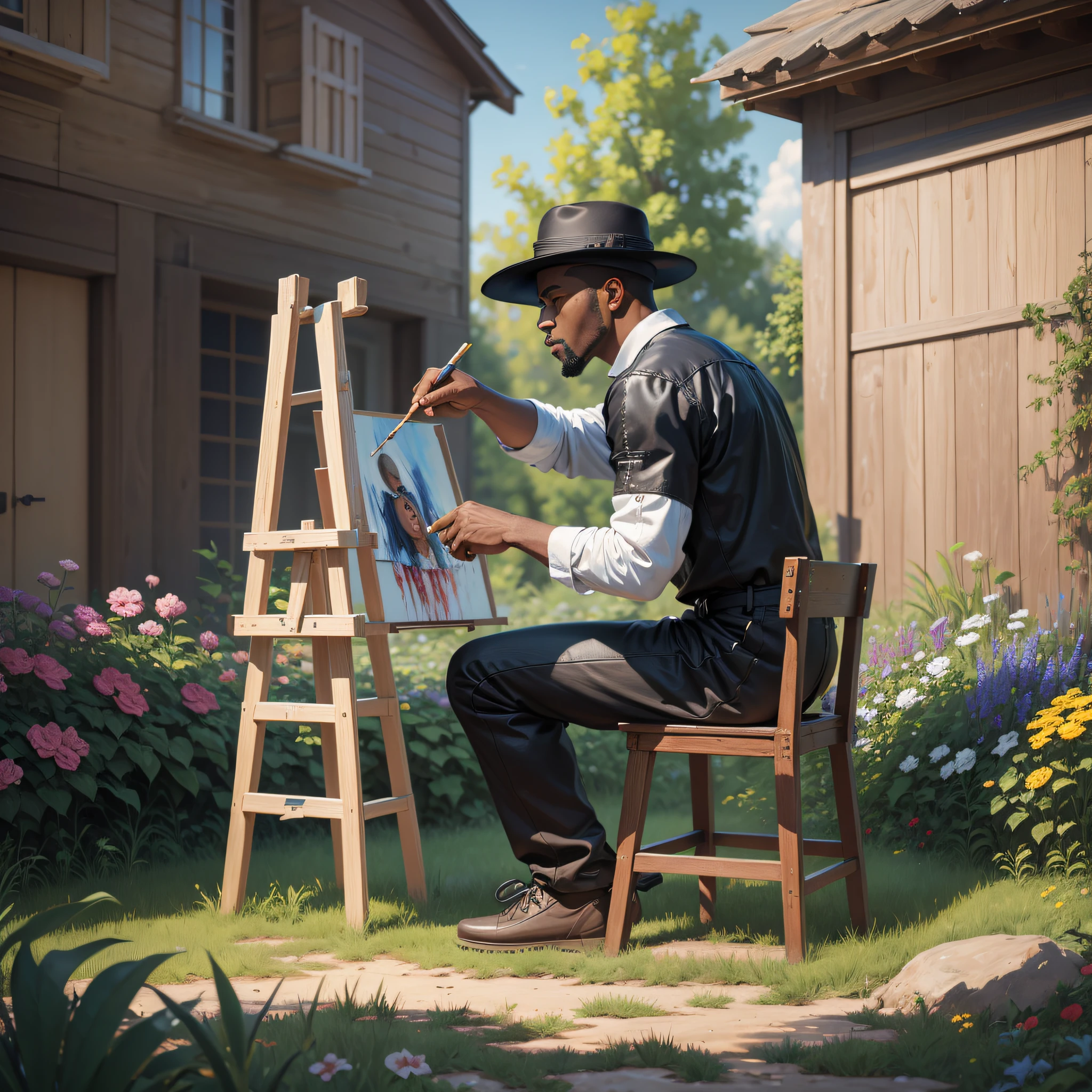 The great painter (ultra resolution, 4k) black man painting a canvas in the middle of a garden. --auto --s2