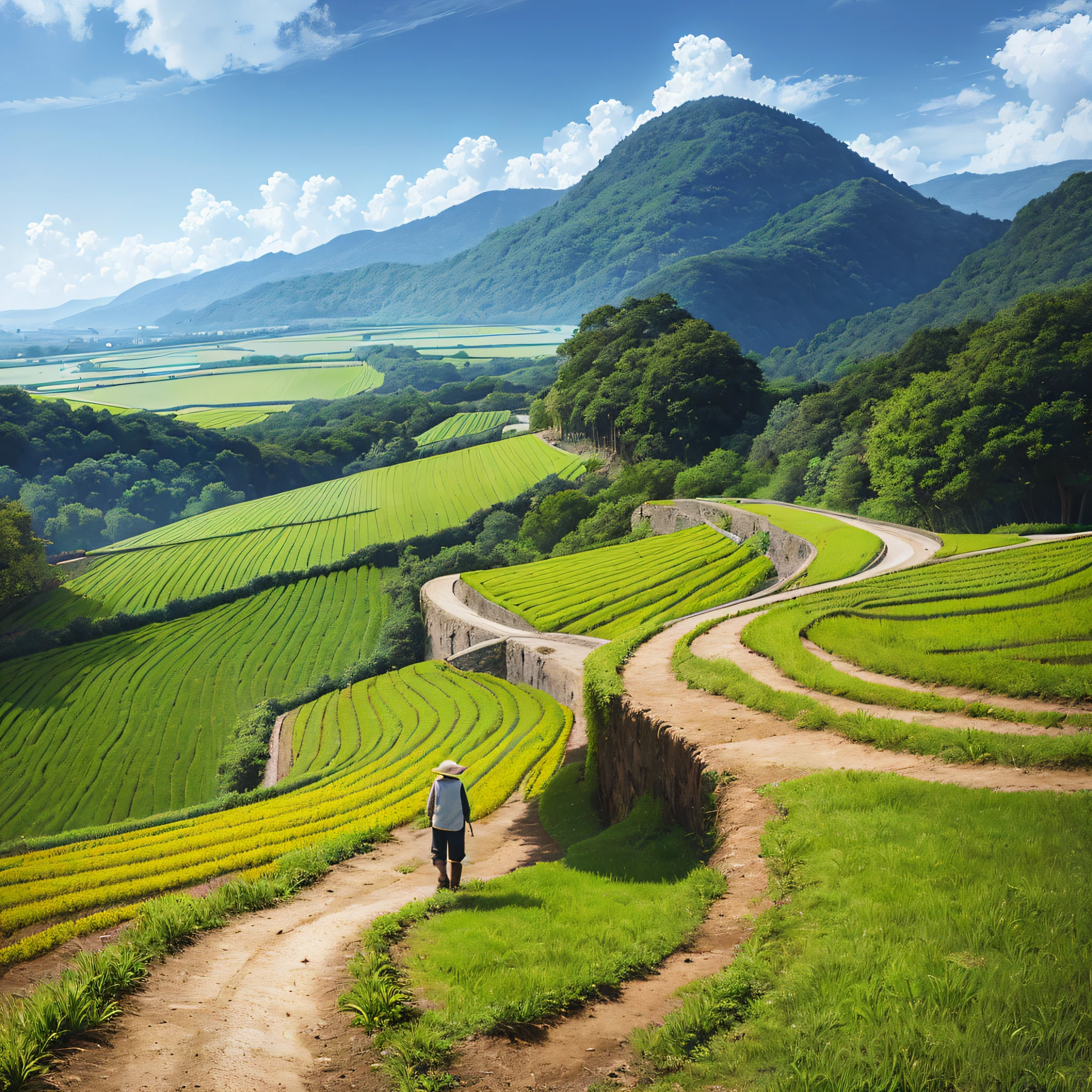 An old farmer carries a flat stretcher and walks the winding path of the countryside, HD detail, hyper-detail, cinematic, surrealism, soft light, deep field focus bokeh, ray tracing and surrealism. --v6