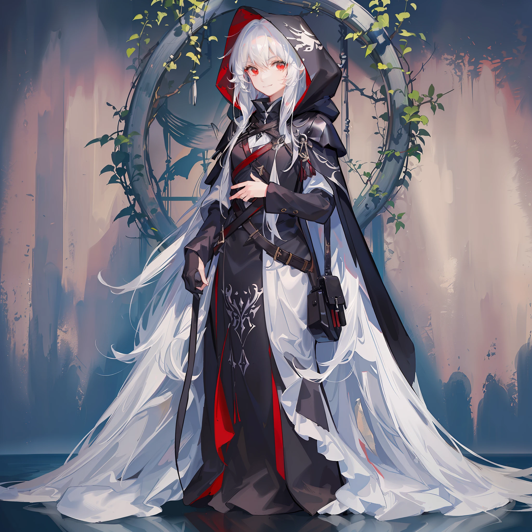 Girl, black robe, hood, cape, red eyes, long white hair, faint smile, full body