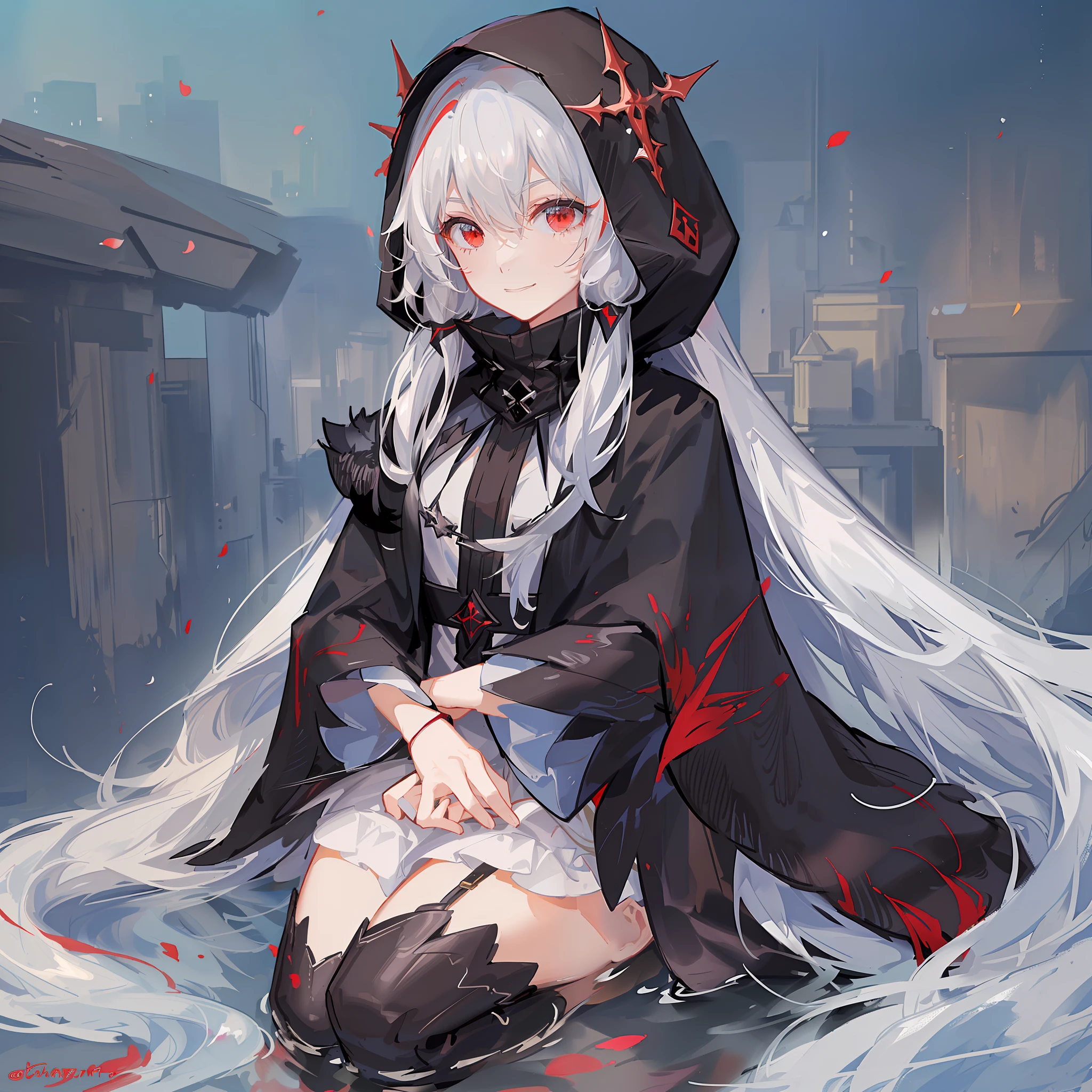 Girl, black robe, hood, cape, red eyes, long white hair, faint smile, full body