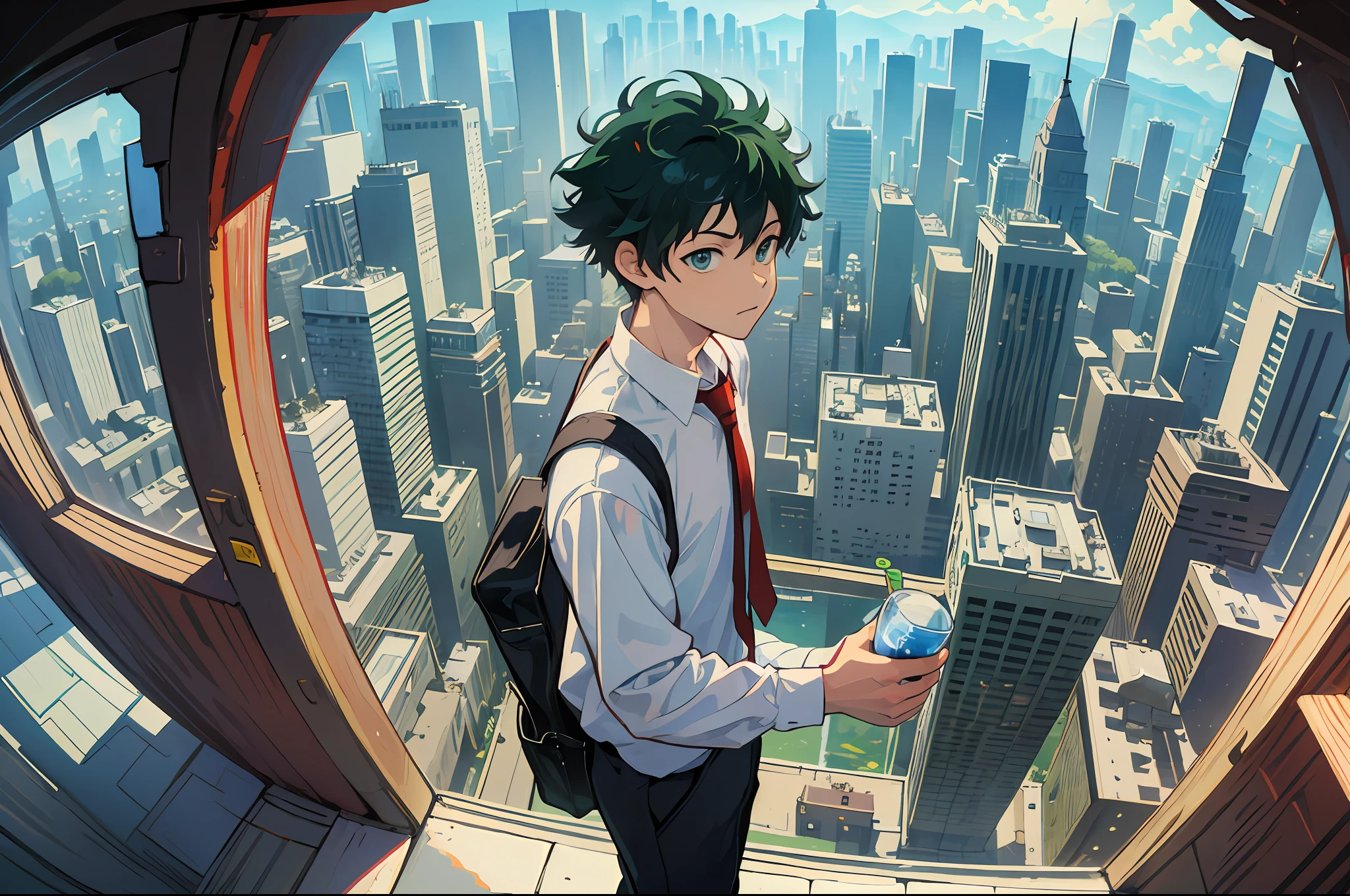 ((Masterpiece: 1.4, highest quality)), ((Masterpiece, highest quality)), fisheye lens, Standing alone in youth, Izuku Midoriya, Drinking juice, gazing at towering buildings and cityscapes from stairs, (Overlook: 1.3), river, waterfall, valley, (green big eyes and short hair), blue sky, beholder, magnificent view, lens flare, red tie on white shirt, cowboy shot