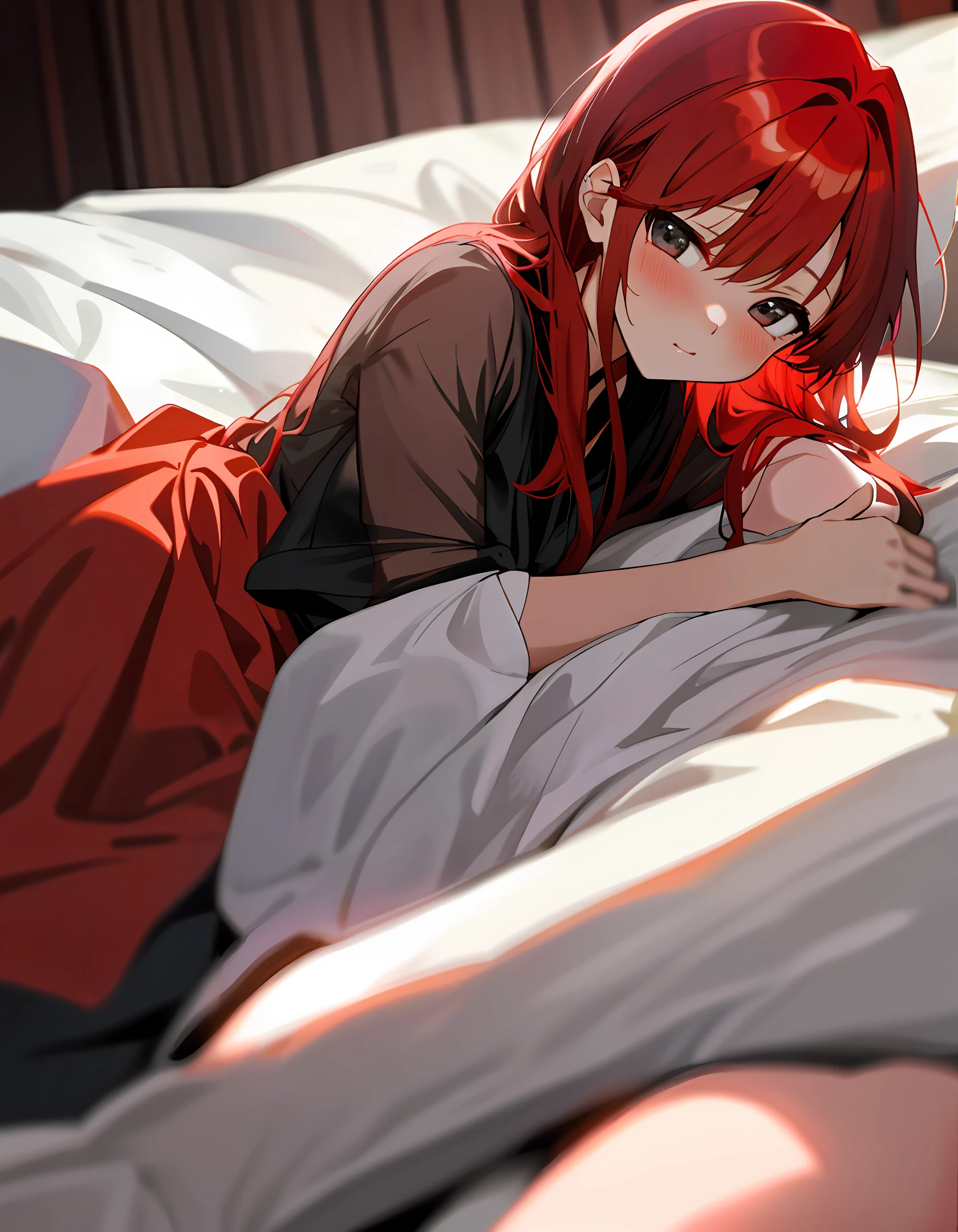 beautiful girl, one, anime, red hair, erotic, sheer, underwear, bed, embarrassing, tsundere, adult, bed sheets, night