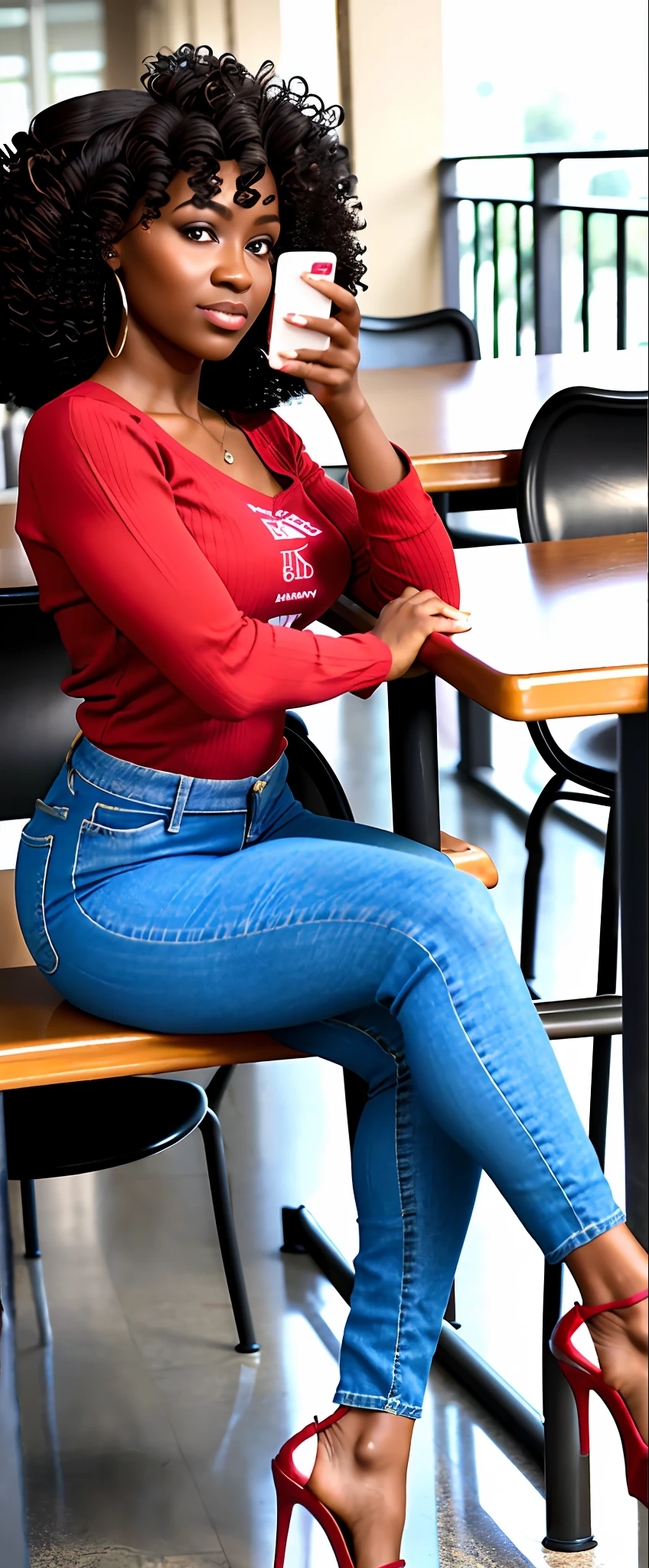 masterpiece, best quality, realistic, 1girl, black curly hair, young african brown skinned, full body, medium breasts, medium ass, realistic legs, realistic body, jeans, red blouse, socks, stilettos, full growth, pensive, cafeteria, holding cell phone, sitting at the table, sipping coffee, looking up, Beautiful woman with perfect figure:2