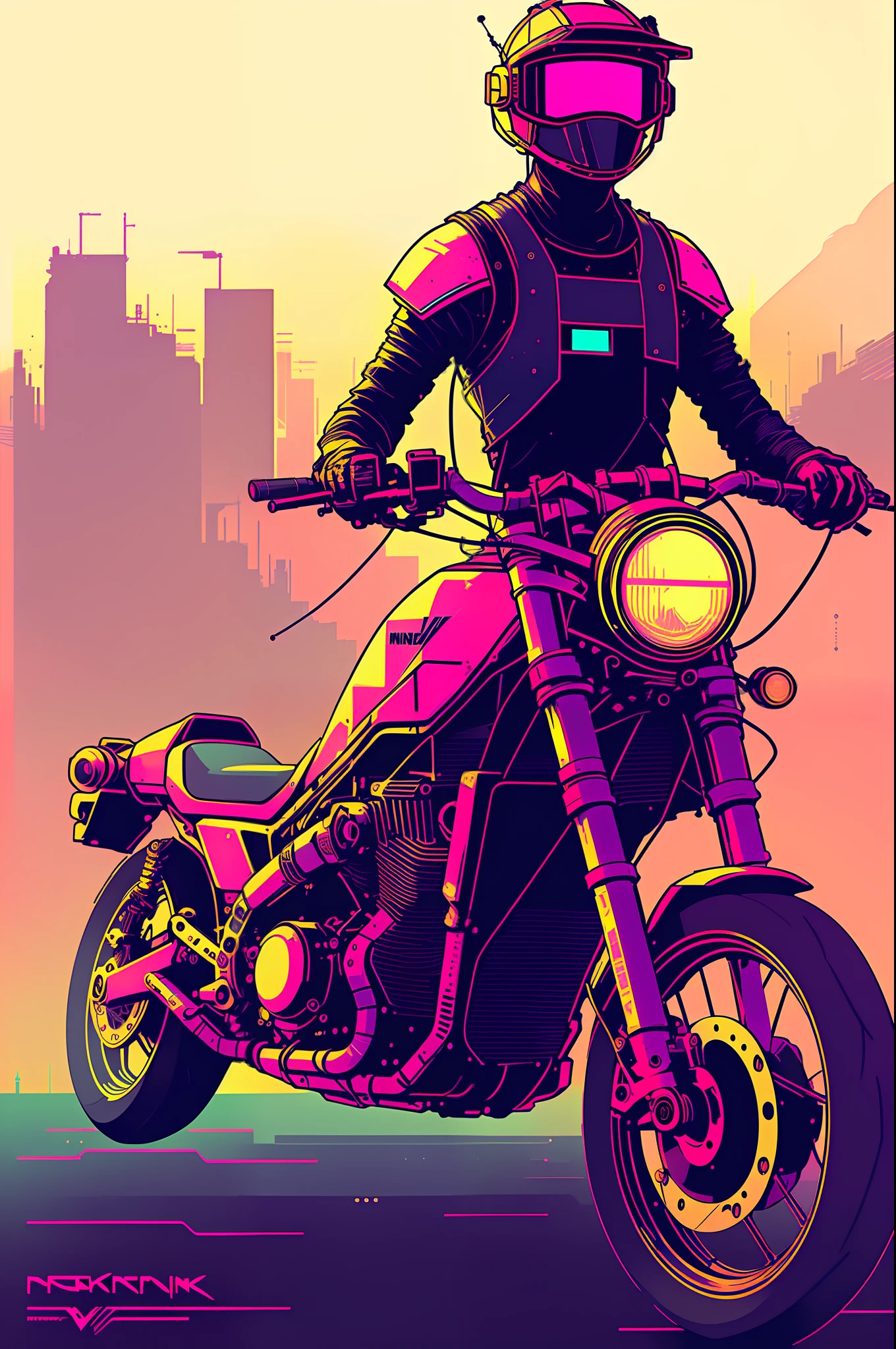 (nvinkpunk:1.2) snthwve style motorcyle, lightwave, sunset, intricate, highly detailed