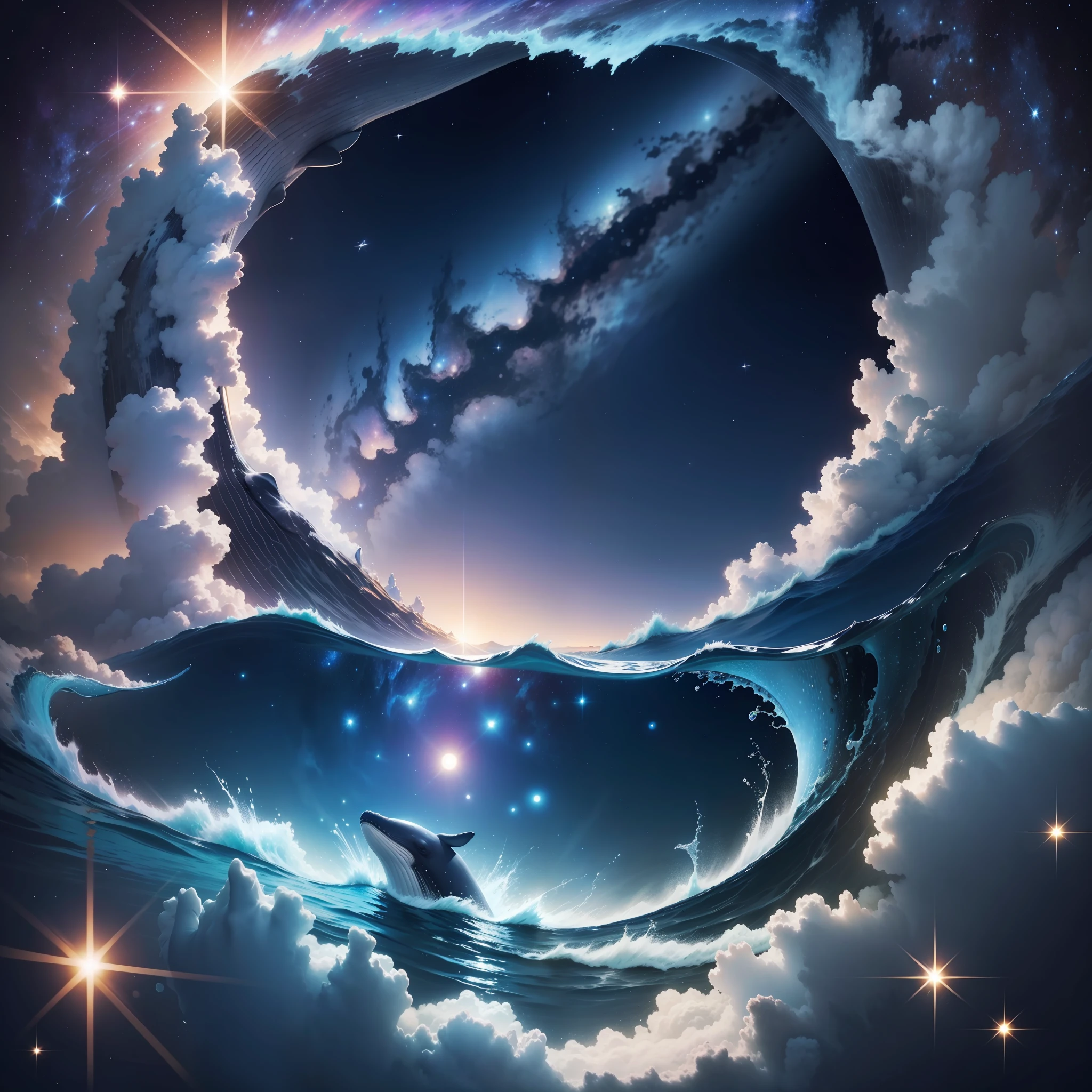 Whales swim in the universe, starry sky as the background, starry, full of life, a long river of stars flowing from afar, 8k, high-definition materials, film and television grade, 3D