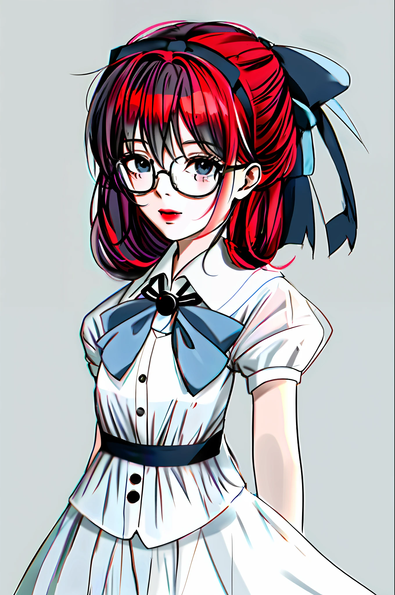 Drawing of a girl in a dress and glasses, anime moe art style, gray and white clothes, gray-blue background, red hair, black eyes, white bow,