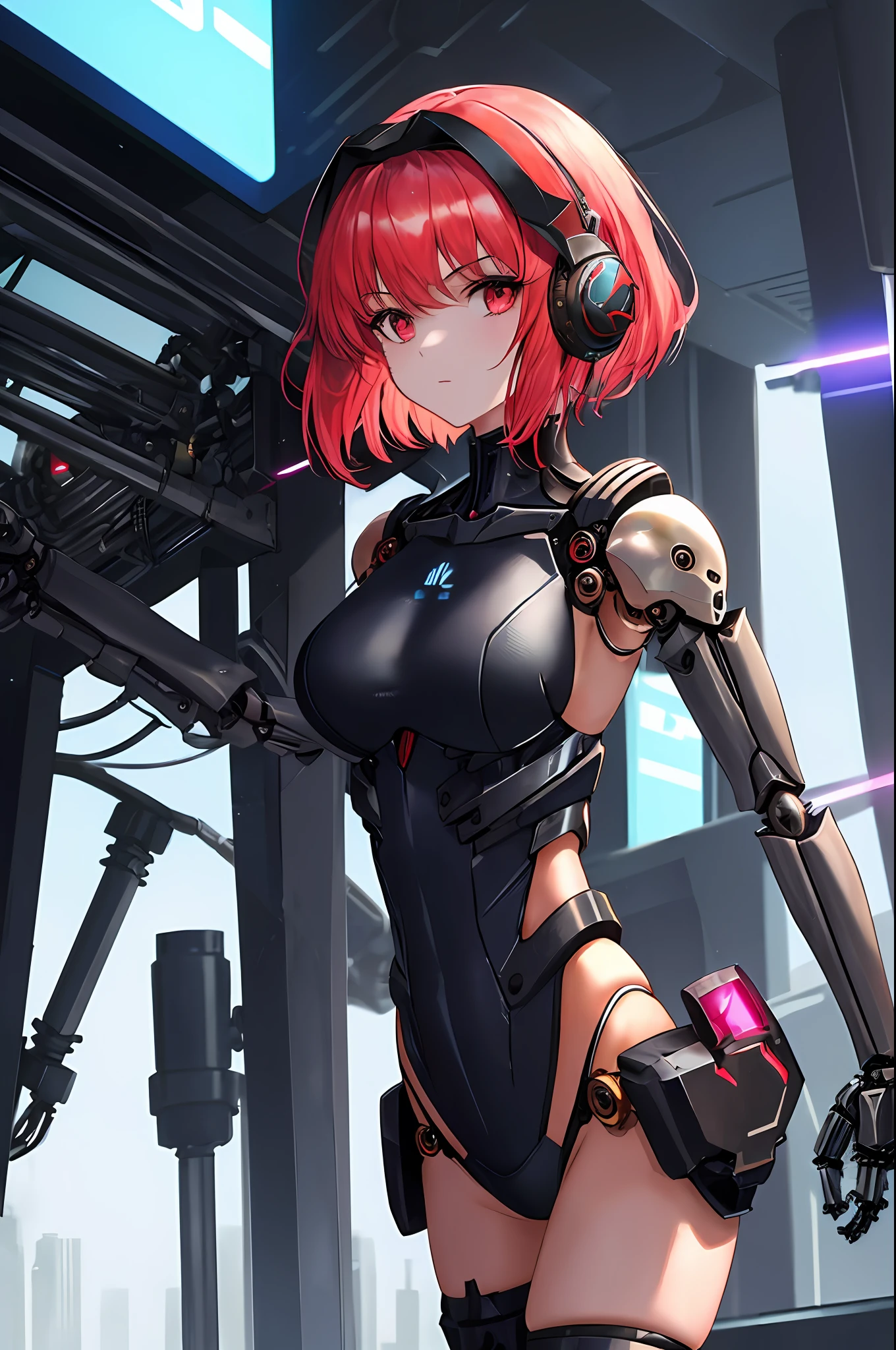 Absurdity, intricate details, highly detailed 8K wallpaper, (Transcendent Beautiful Girl:1.5), BREAK, scarlet hair, short hair, (exoskeleton leotard), (red eye), BREAK, (mechanical joints, mechanical limbs:1.4), perfect five fingers, BREAK, (bare back and shoulders and armpits), absolute area, (headphones), BREAK, back to shoulder show, solo focus, back focus, cyberpunk, Dynamic angle, neon glowing city,