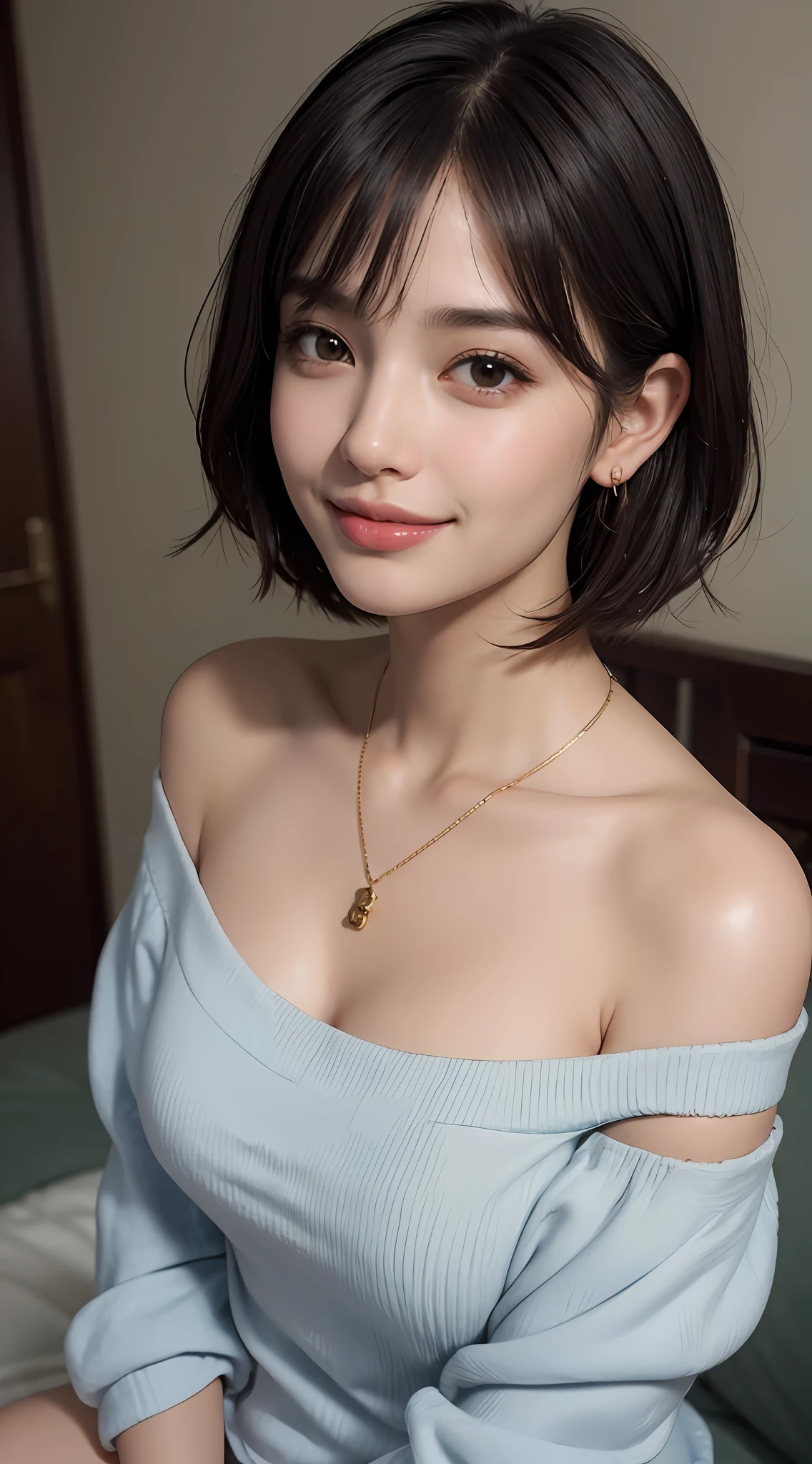 (top quality, 8k, masterpiece: 1.3), pretty woman with perfect figure: 1.4, dark brown hair, big, wearing pendants, torn shorts, sleeping in bedroom, very detailed face and skin, detailed eyes, double eyelids, top quality, masterpiece, (photorealistic: 1.4), one woman, golden ratio, high angle shot, upper eye care, low angle shot, perfect face, beautiful figure, cute face, face close-up, zoom in on face, short bob, short hair, smile from different angles, smile, gloss, highlight, gloss, glossy on skin, glossy on skin, wet skin, wet, bangs, cute smile, bust, off-shoulder, refreshing charm, elegant, perfect hands, smile from angle, smile, shiny, highlight, glossy skin, bangs, bust, big, Warm off-shoulder, refreshing charm, ears out, gaze to the camera, poses at different angles