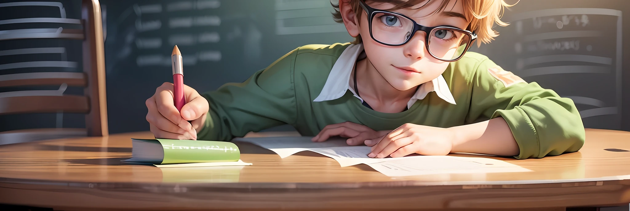 A cartoon boy sitting at table without glasses, exciting illustration, sitting at table, happy kids HD illustration, boy, clipart, cartoon illustration, naughty !!, student, sitting in classroom, school curriculum specialist, trying to learn, school class, kid without glasses --auto --s2