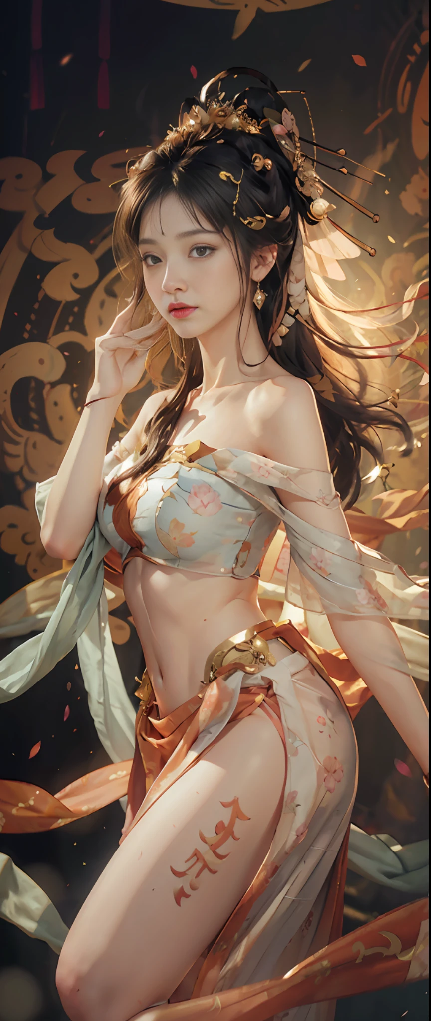 RAW Photo, Tyndall Light Effects, Realistic, (Photo Real: 1.3), Best Quality, Masterpiece, Ultra Detail, Extreme Detail, 8k Wallpaper, Realistic Detail, Movie Lighting, Illustration, upper_body, Dynamic Angle, World Mastery Theater, Best Quality, Extremely Delicate Beautiful Girl, Full Body Portrait, Perfect Face, Delicate Facial Features, Perfect Hands, Delicate Eyelashes, Delicate Eyes, Ancient Chinese Hairstyles, Hairpins, Earrings, Bracelets, Waist Accessories, Supple Fair Skin, Sexy Collarbone, Double girls dance, dunhuang_dress, off-the-shoulder, transparent fabric, stunning beauty, belly, navel, amazing, sexy, peach blossom eyes, light makeup, smile, lens_flare, Buddhist purification, temple pillars, mural background, messy, very detailed lotus, streamers, floating, Chinese lanterns, some fluttering petals