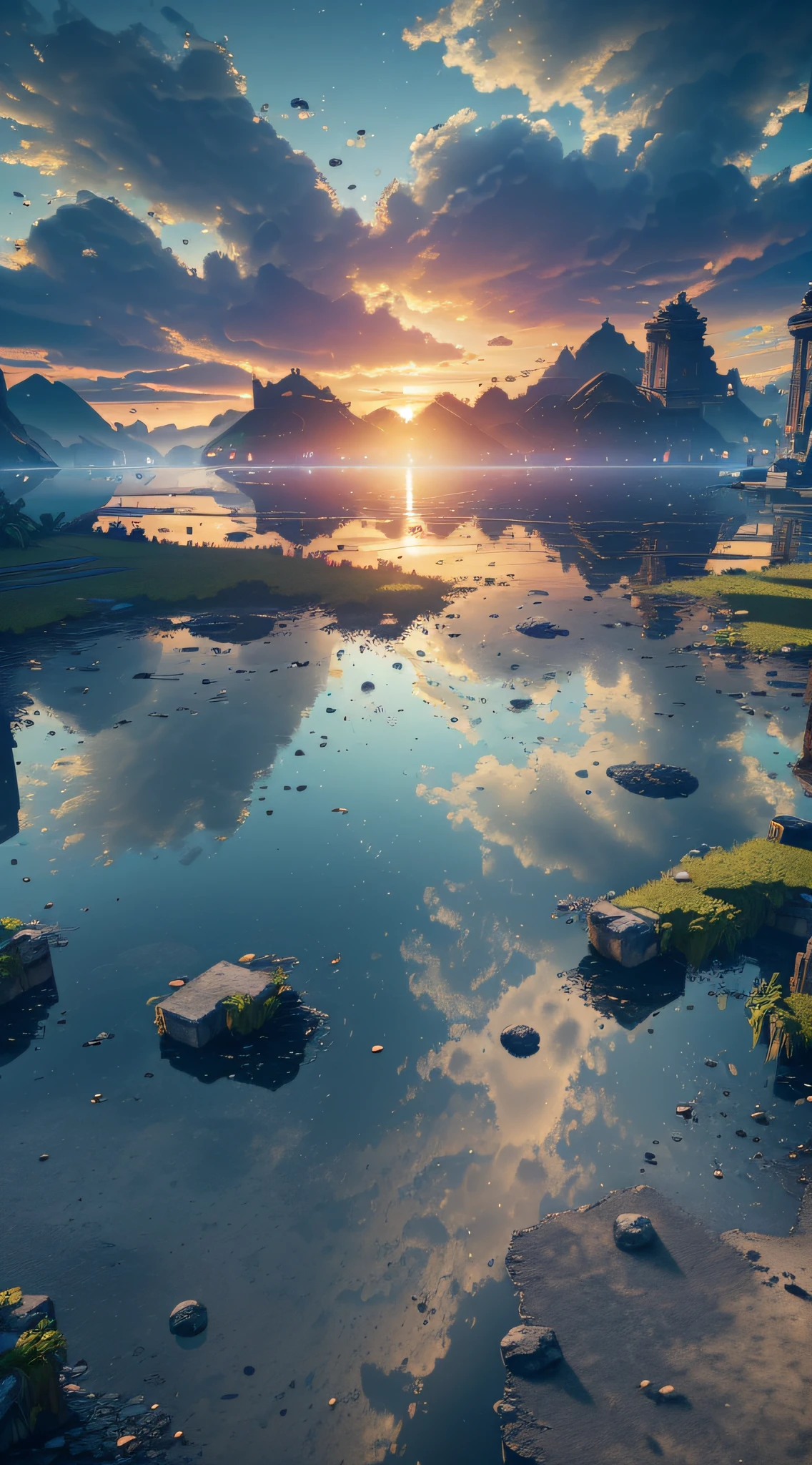 (8k, RAW photo, best quality, masterpiece:1.2), (realistic, photo-realistic:1.37), octane render, ultra high res, ultra-detailed, professional lighting, photon mapping, radiosity, physically-based rendering, ue5, ((island sanctuary)), ((ancient fallen kingdom)), ((reflections in water)), ((raytracing)), ((drowned city)) --auto --s2