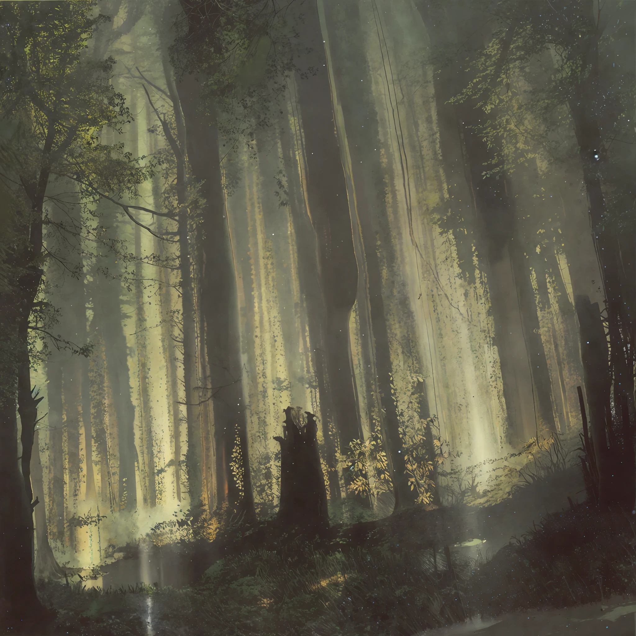 There is a painting of an image of a forest illuminated by the moon, forest illuminated by the moon, forest and moon, moonlit forest environment, conceptual art of a dark forest, shadowy forest, painting of a forest, rain, quiet forest night scene, in a forest at night, misty woods, rain, forest at night, night forest, rain, light rain forest, you like water