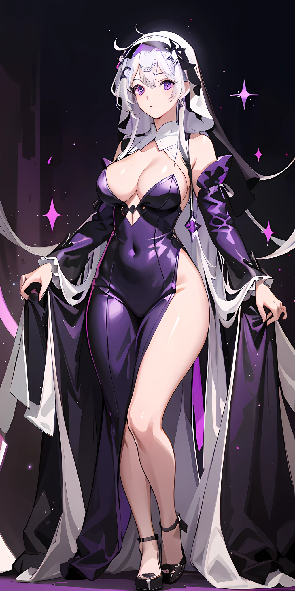 1girl, 45° side, side, white hair, purple eyes, side light, light particles, white background, nun, one-handed lift, full body, black and white color matching clothes, nun costume, royal sister's face, perfect figure, cleavage, slender legs, high heels