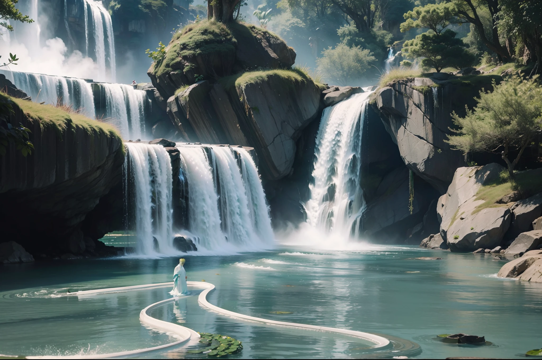 Highly detailed film water and ocean palette, a bald monk standing at the water's edge in white Hanfu, a huge green snake, a huge lotus flower in white, a very tall waterfall, exquisite facial details, spotlights, perfect composition, surreal, ultra-detailed, 8k, high quality, clear focus, intricate details, highly detailed, dynamic lighting, detailed and complex environment,