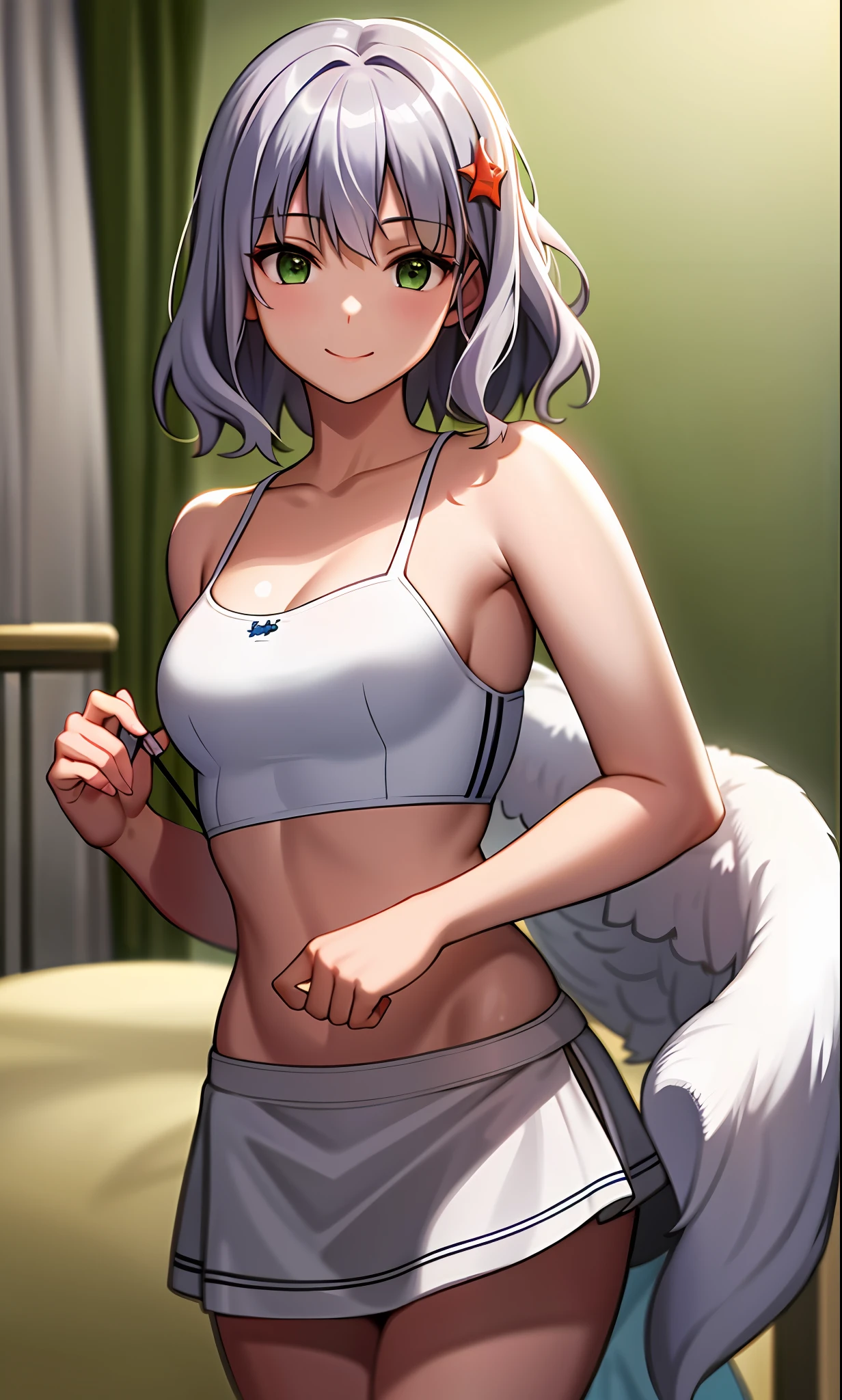 Top quality, (masterpiece: 1.2), very detailed, own room, 1 girl, solo, (muse), smile, watch viewer, gray hair, circle of angels, short hair, hair ornament, green eyes, light in the eyes, white ?????????, in the middle of changing clothes, realistic, knee up, glowing skin, fair skin, ultra-realistic, realistic, portrait, blur,