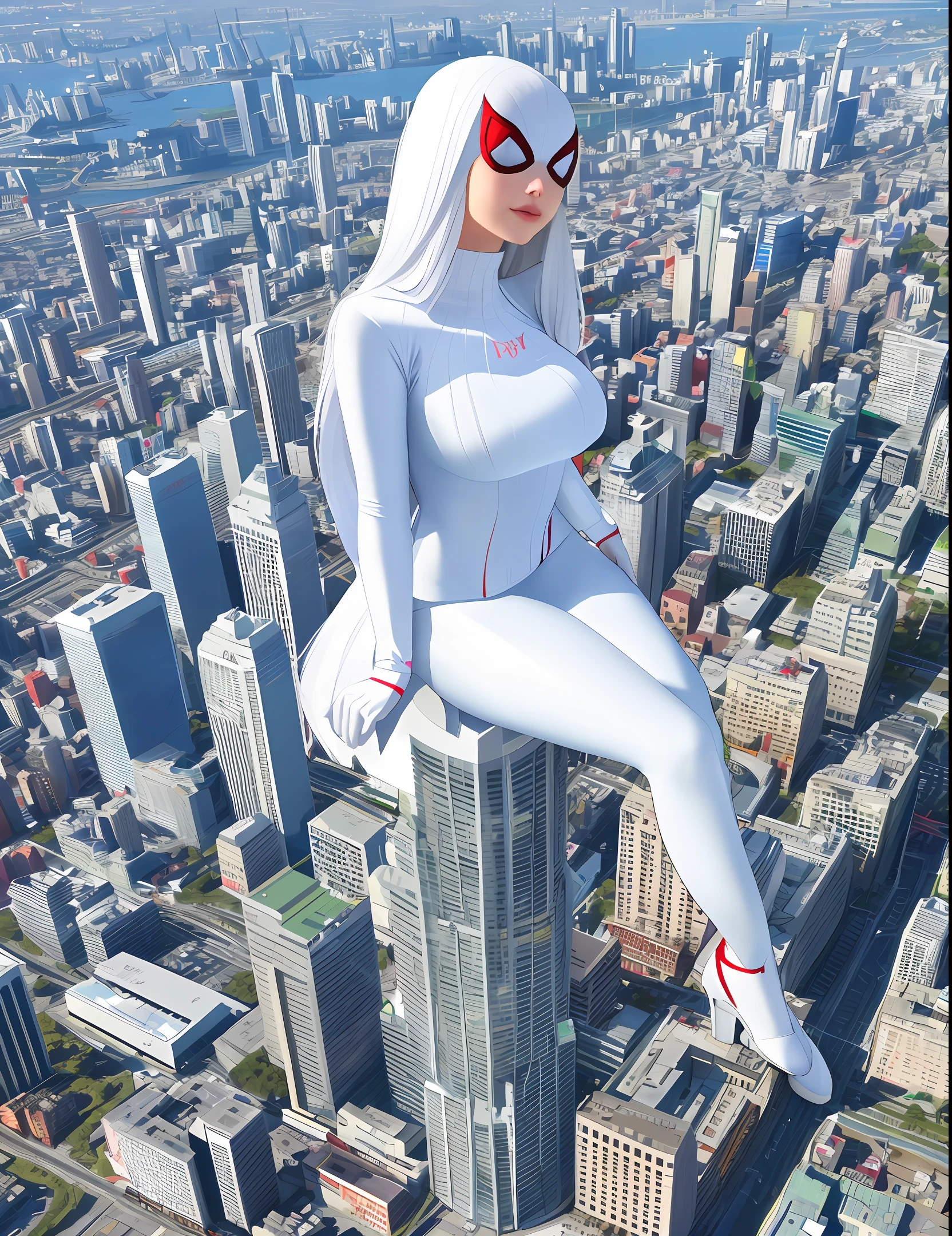 4k, realistic, carismatic, very detail, there is a girl on top city, wearing spiderman costum, she is a spiderman, white super hero theme, white long hair, 25 years old, full body