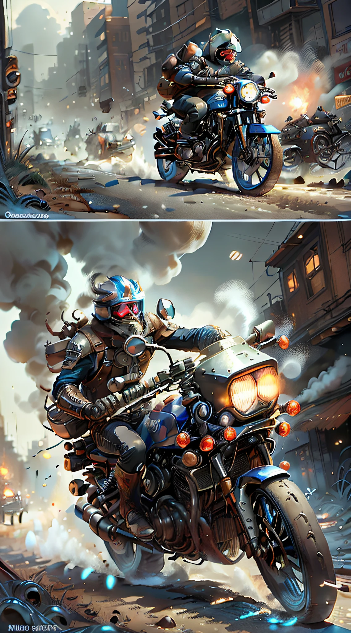 [Illustration] comic page, there are multiple panels on one page: in the city full of gunsmoke (far view), several male and female racers riding motorcycles, crazy racing in the alley, tire rubbing the ground sparks, smoke and dust billowing (close-up, low motion blur), blank with text annotations, [Continuous shooting] in the style of Andreas Rocha, cobalt blue and reflective silver, film P30, irregular radial composition