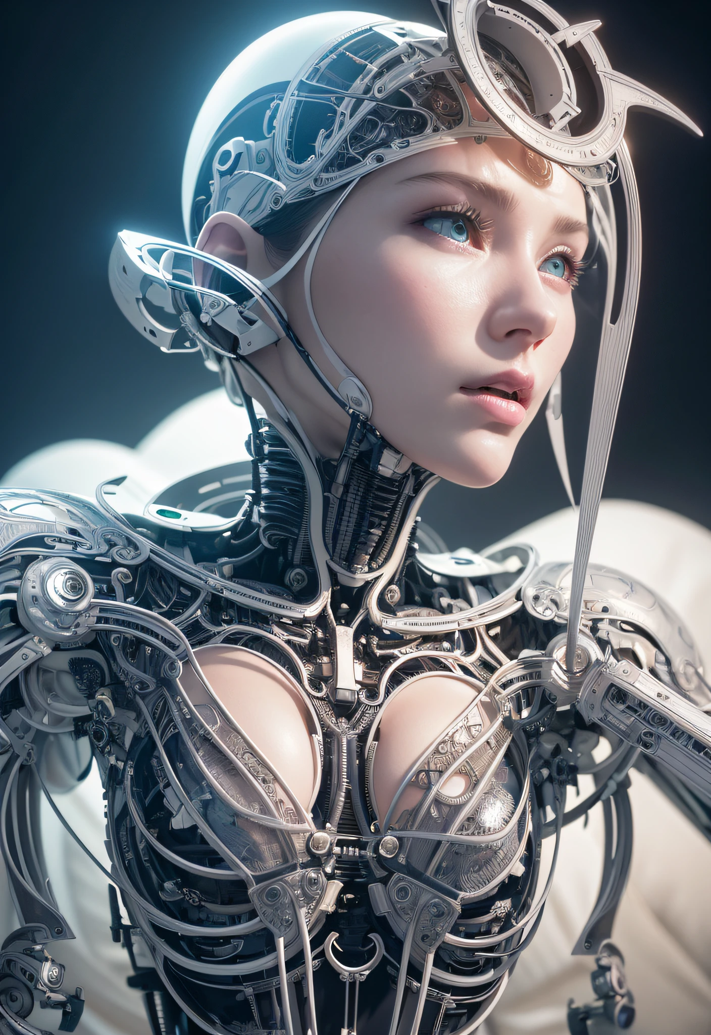 complex 3d render ultra detailed of a beautiful porcelain profile woman android face, cyborg, robotic parts, 150 mm, beautiful studio soft light, rim light, vibrant details, luxurious cyberpunk, lace, hyperrealistic, anatomical, facial muscles, cable electric wires, microchip, elegant, beautiful background, octane render, H. R. Giger style, 8k, best quality, masterpiece, illustration, an extremely delicate and beautiful, extremely detailed ,CG ,unity ,wallpaper, (realistic, photo-realistic:1.37),Amazing, finely detail, masterpiece,best quality,official art, extremely detailed CG unity 8k wallpaper, absurdres, incredibly absurdres, robot, silver halmet, full body