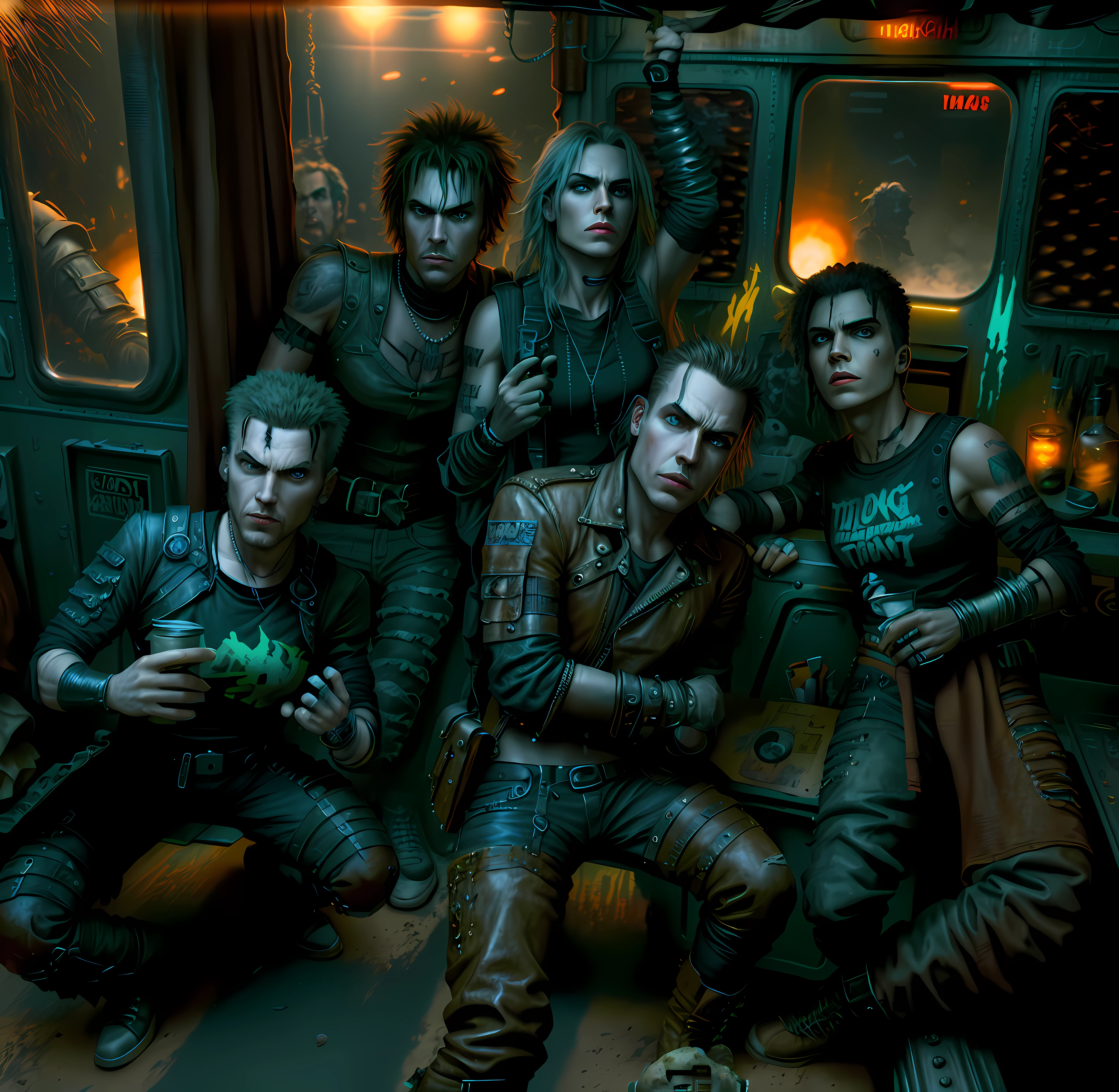 Male rock band, movie poster, mad max, residend evil, high quality, painting, futurism, apocalyptic powder, rock band on a train, sunset, mad max, punk, movie poster, realistic painting art.