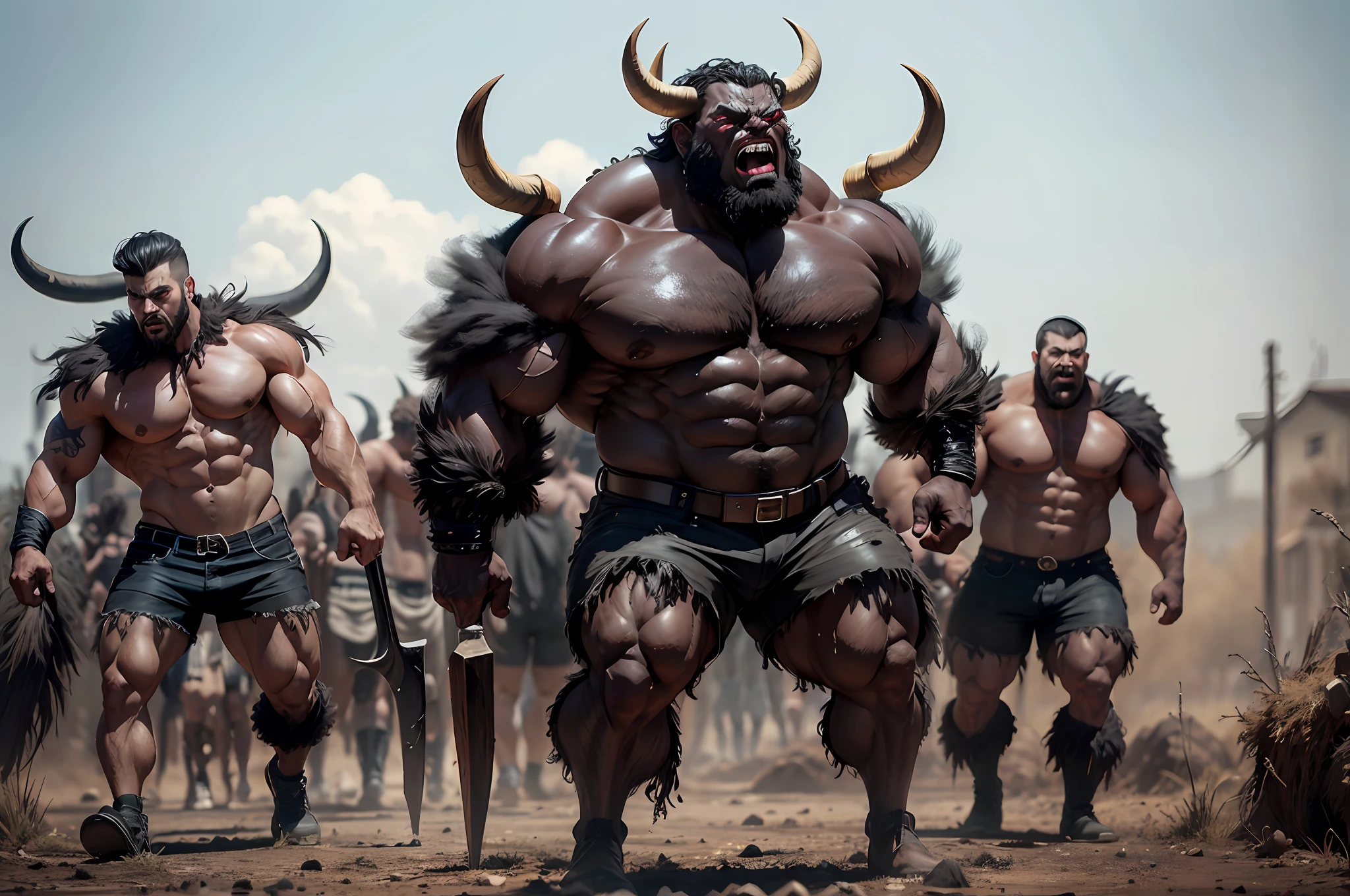 Three-headed boy, monster style, strong muscle, chest hair, angry face, ((best quality)), mega realistic, shredded shorts, thick and strong legs, buffalo horn, striking look, depth of field, ox skeletons on the ground, looking at the spectator, intimidating pose