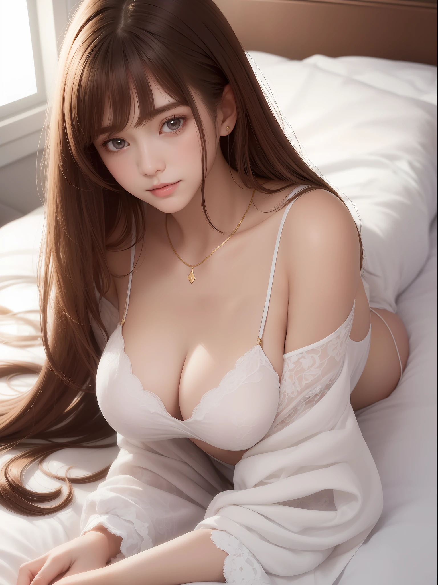 DETAILED, DENSE, MASTERPIECE, one girl, beautiful, wearing white cardigan, one girl lying on bed with blanket, brown hair, 22 years old, smooth skin, glowing skin, glowing hair, clear eyes, glowing eyes, brown eyes, soft lips, pale pink lips, (viewer Looking down: 0. 8) smiling slightly, cheeks stained, shy, mouth open, bangs, white sleeves, white clothing, one girl, soft skin, large breasts, glowing skin, cinematic lighting, rich lighting, room lighting, simple gold necklace, diamond necklace, white Lace bra, white lace panties, white lace underwear, high angle, low angle, (Masterpiece: 1.0), (Realistic: 1.6), (Soft Focus: 1.5)