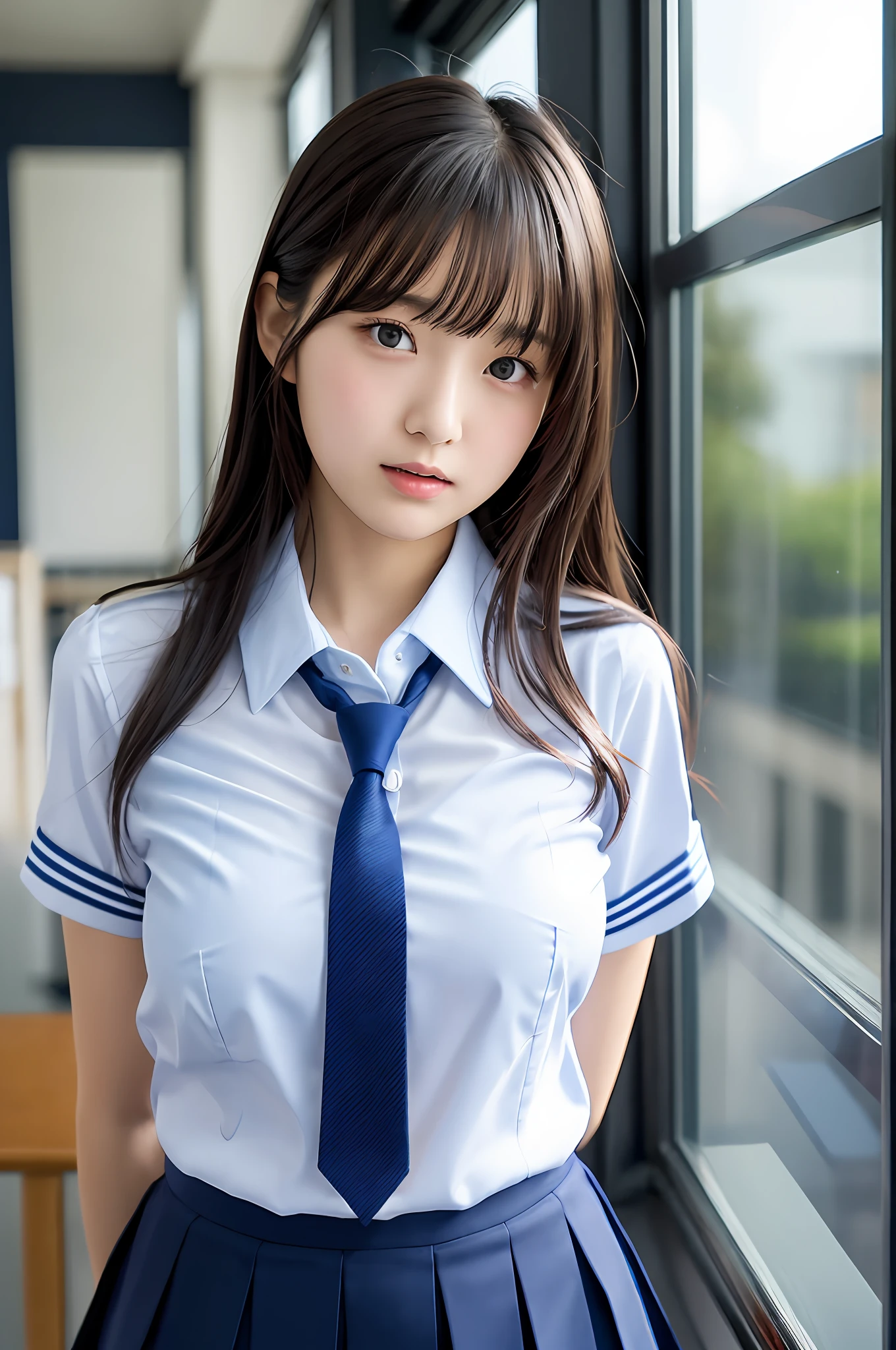 Japan girl, teenage girl, perfect figure, transparency, modest breasts, school uniform, navy blue tie, navy blue skirt, light blue shirt, gravure idol