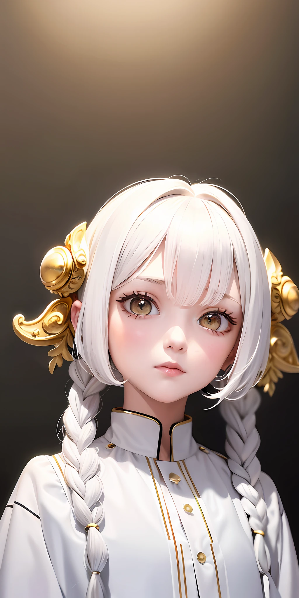 best quality, masterpiece,white hair, gold eyes,white clothes, looking up, upper body,hair strand,Fair skin,side braids