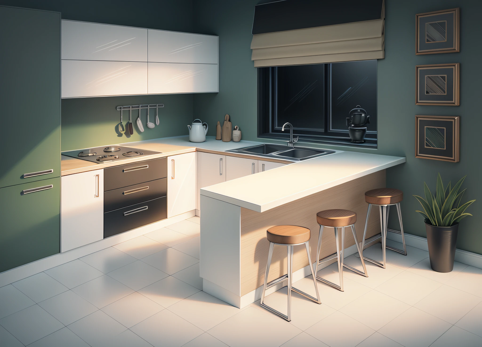 there is a kitchen with a center island and a bar stool, high gloss, kitchen, crisp smooth clean lines, hyper-realistic, hyper - realistic, vibrant colour, crisp smooth lines, precision, colour, exceptional, gloss finish, versatile, retro style, small kitchen, glossy surface, perfect crisp sunlight, glossy finish, high quality rendering, vibrant and dynamic --auto --s2