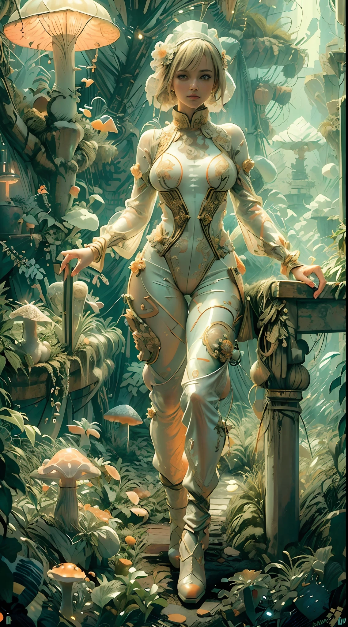 ((best quality)), ((masterpiece)), ((realistic)), (detailed), reflective luminous white:1.5, texture glossy orange:1.3, 1beautiful young woman with sticky jumpsuit (cameltoe), sexy, top to bottom photo, lots of glow neon mushrooms, mandalas, cinematic, sharp, ray tracing, brightness, luminosity