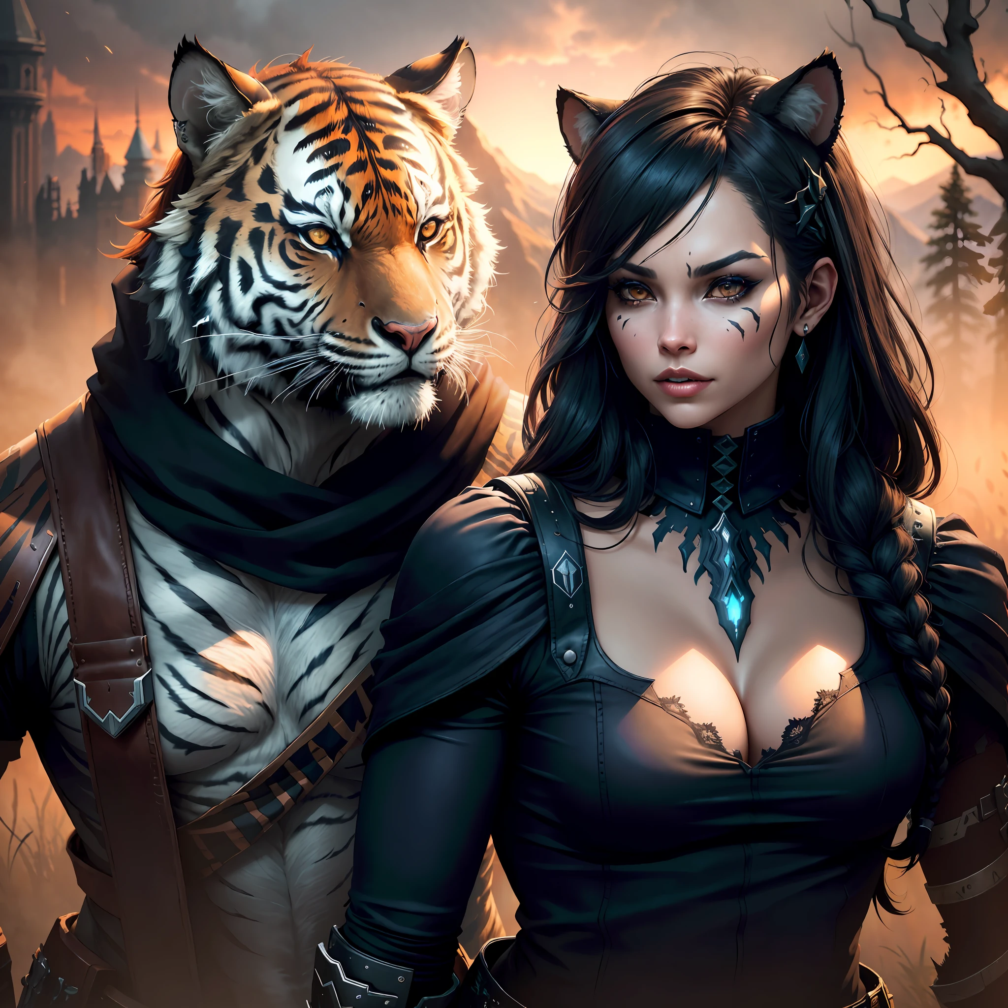 ((Intense Primitive Beauty)|.) (Extreme Nature) | Unreal), Dark, Dark Fantasy, (A Tiger), (Heavy Warframe: 1.3), (Roaring Forward), Smoke, Foggy, Blazing Eyes, Prairie or Burning Castle, Unique Ornamentation, Sunset Afterglow, Heavy Metal.