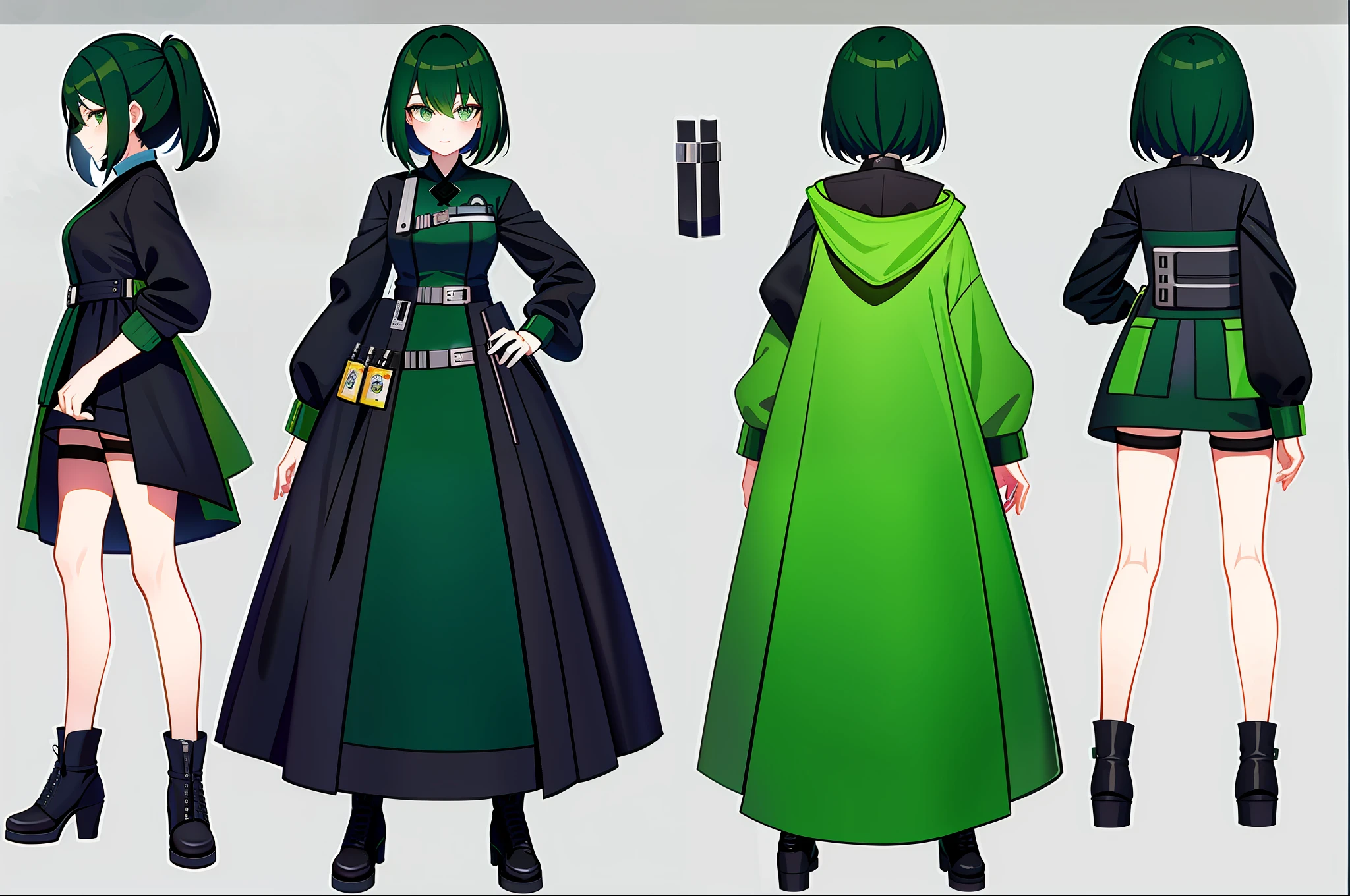 Bank robber girl with dress and poncho dress with lots of pockets green and black color scheme holding whip full body art character concept art anime character sheet wearing mask magical girl