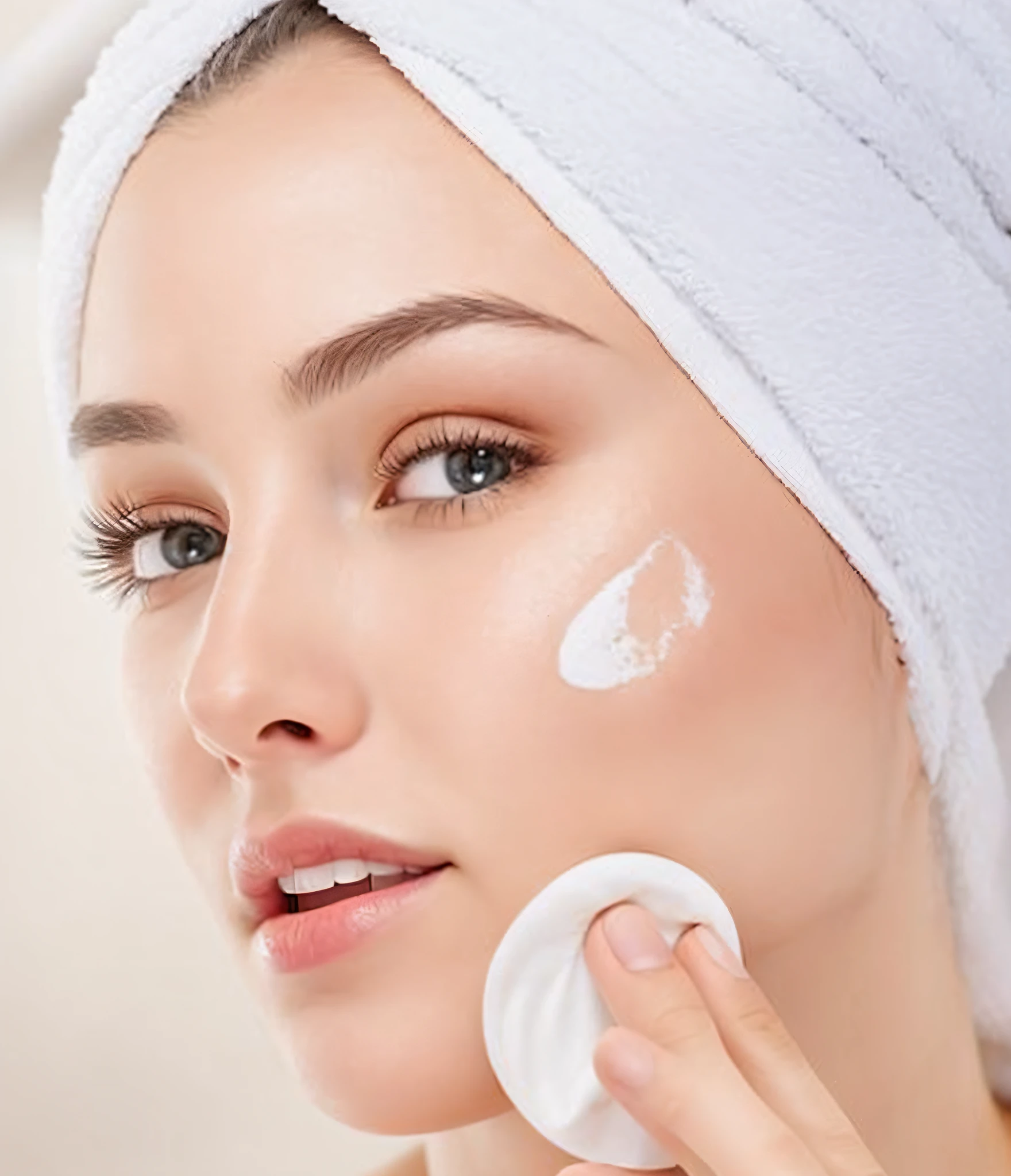 a woman with a towel on her head is applying cream on her face, clean face and body skin, skin care, smooth glowing skin, glowing skin face, peeling face skin, facial beauty, skincare, smooth healthy skin, facial, smooth textured skin, perfect facial symettry, ultra facial detail, oily skin, exquisit facial detail, clean face