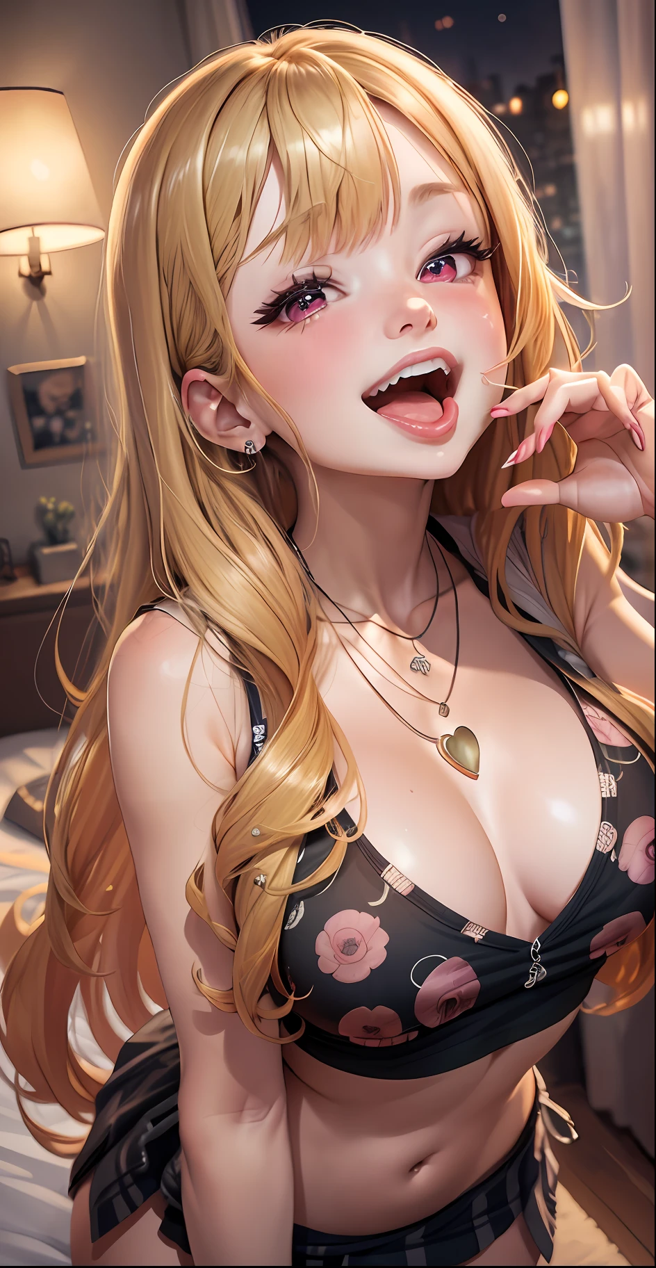 Masterpiece: 1.4), (Best Quality: 1.4), 8K, HD, Ultra Clear, 1Girl, (Big: 1.4), Long Blonde Hair, (Heart-Shaped Pupil: 1.3), (Tongue Out: 1.2), Frightened: 1.3, (Laughing: 1.4), Naked Belly, White Lace Underwear, Skirt, (Looking Up), Bedroom at Night, Necklace, Messy Clothes